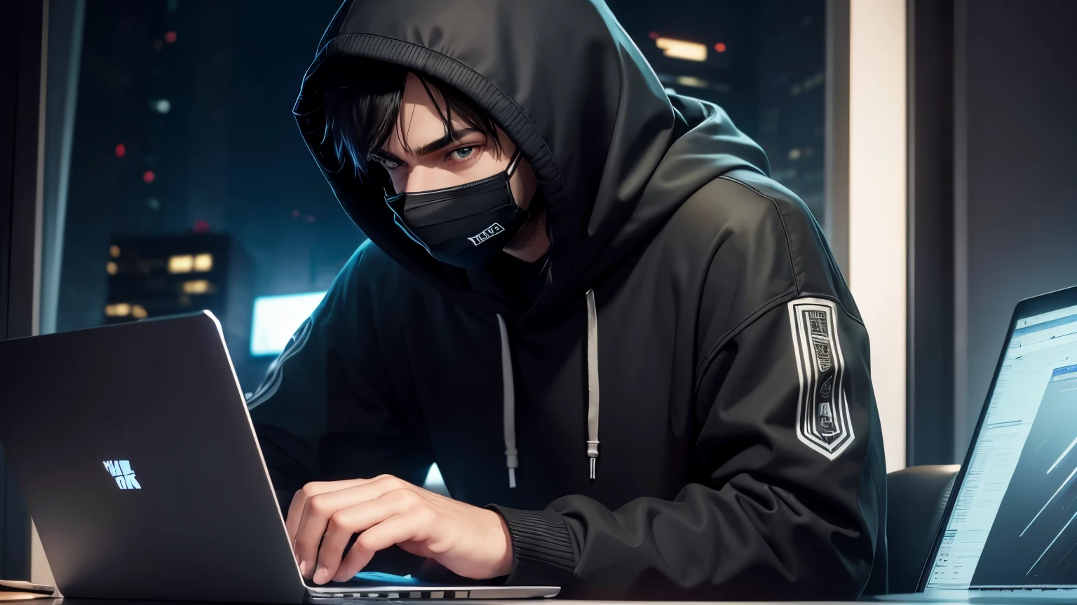 A man siting behind the laptop during the night, He's wearing balck hoodie and mask, The man is looking into the camera, to his side there's a professional microphone, black setup room with smart devices