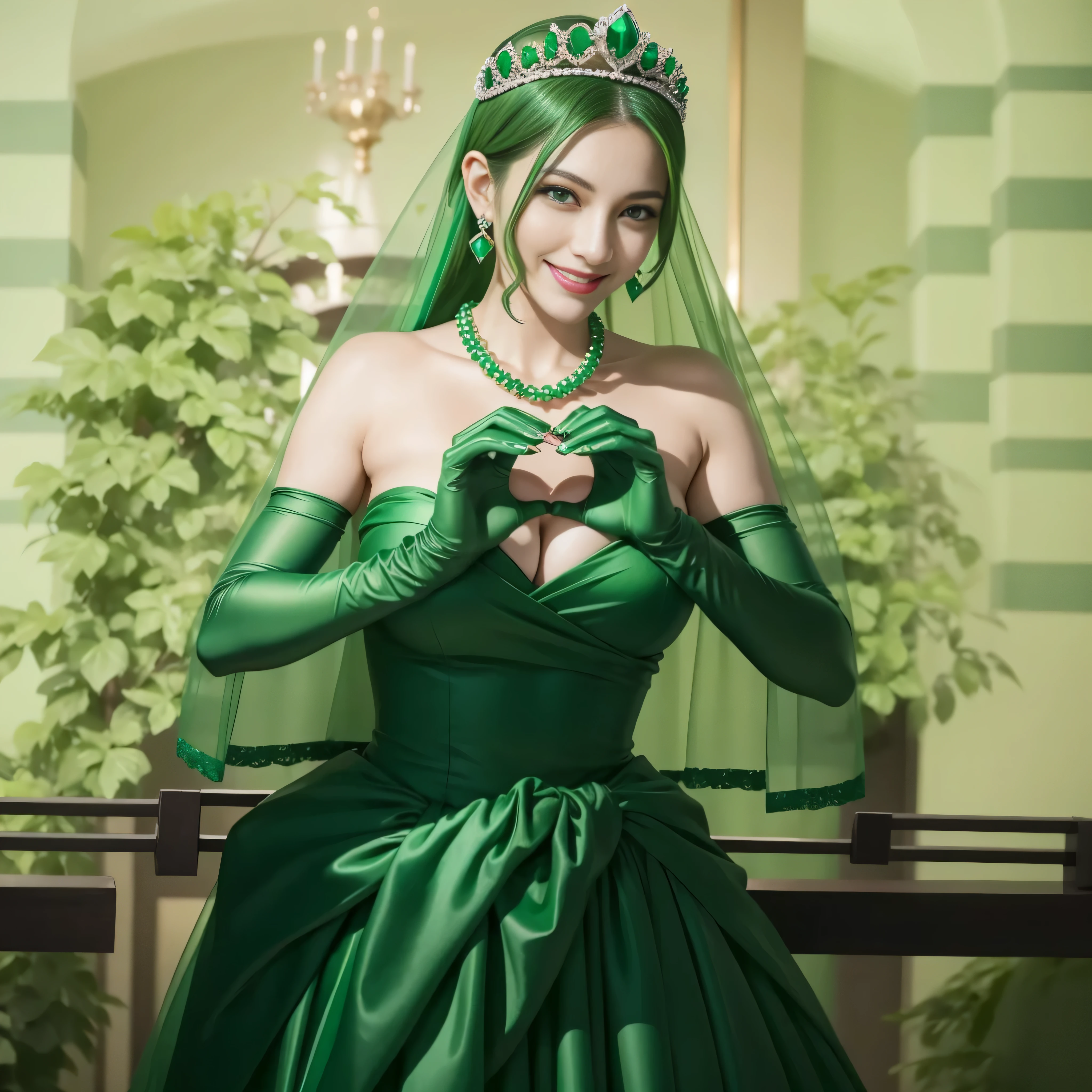 emerald tiara, green pearl necklace, ボーイッシュな非常に短いgreen hair, lipstick, smiling woman, very short hair,  Beauty with large breasts, green eyes, Long Green Satin Gloves, green eyes, emerald earrings, green veil, heart with both hands, green hair, Beautiful woman in her 30s, heart shaped hand:1.3