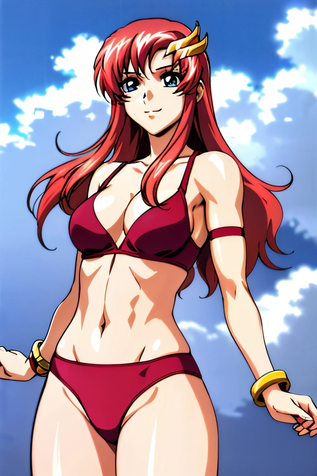 lacus4, (red bikini, groin lines), (masterpiece, cowboy shot, very slim shoulders, 4K, Best Quality, Anime style: 1.9, happy, Adult Woman, (ultra detailed head), (cloud background), Drawing lines, high resolution, lacus4), 1girl, Solo, curvy figure, Long hair, 鎖骨, scapular, (Detailed wide hair bangs, Hair Ornament, Detailed reddish-pink hair, shiny streaks, slim arms, detailed golden crest), cleavage, large hands, (hair cover shoulders). (Big blue eyes, shiny eyes), ((female wrestler, (slim body), little biceps, slim arms, closed fists, thighs)), ((perfect proportions, medium breasts, long belly)), ((totally red bra, neck band, bracelets))), smile, (standing, hot colors), detailed fingers, (bare shoulders)