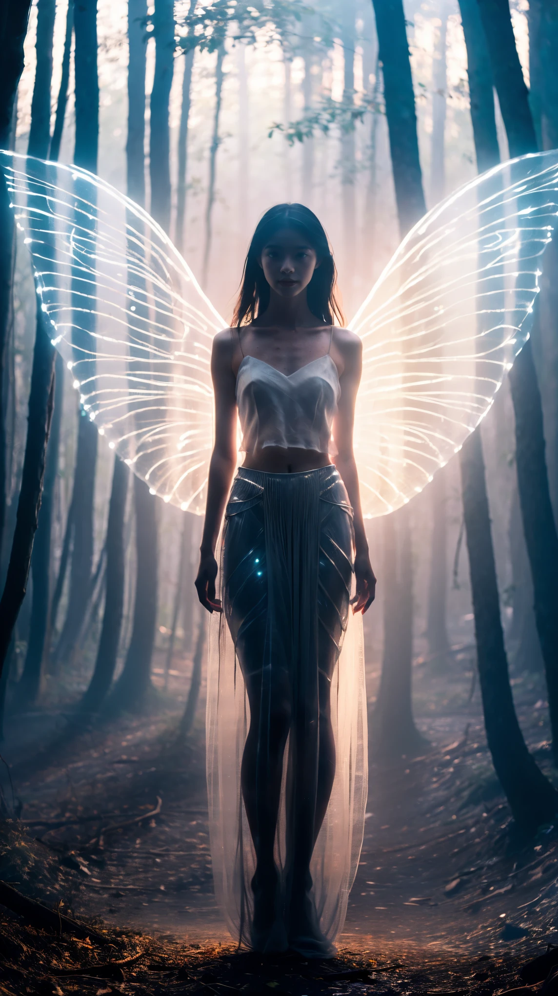 A girl, solo, glowing eyes, pretty face, angel wings, fairy skirt, veil, full body photo, looking at the viewer, photography style, mysterious lake, hazy beauty, fantasy feeling, mysterious feeling, reality, detail , ultimate characterization, atmospheric lighting