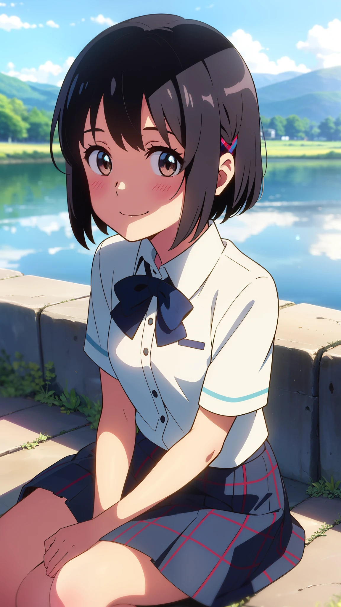 shinkai makoto, kimi no na wa., 1girl, bangs, black hair, blush, brown eyes, shiny skin, blue headband, blue ribbon, blue bow, (turquoise plaid skirt), white dress, short sleeves, looking at the viewer, short hair, smile, cute, solo, lake