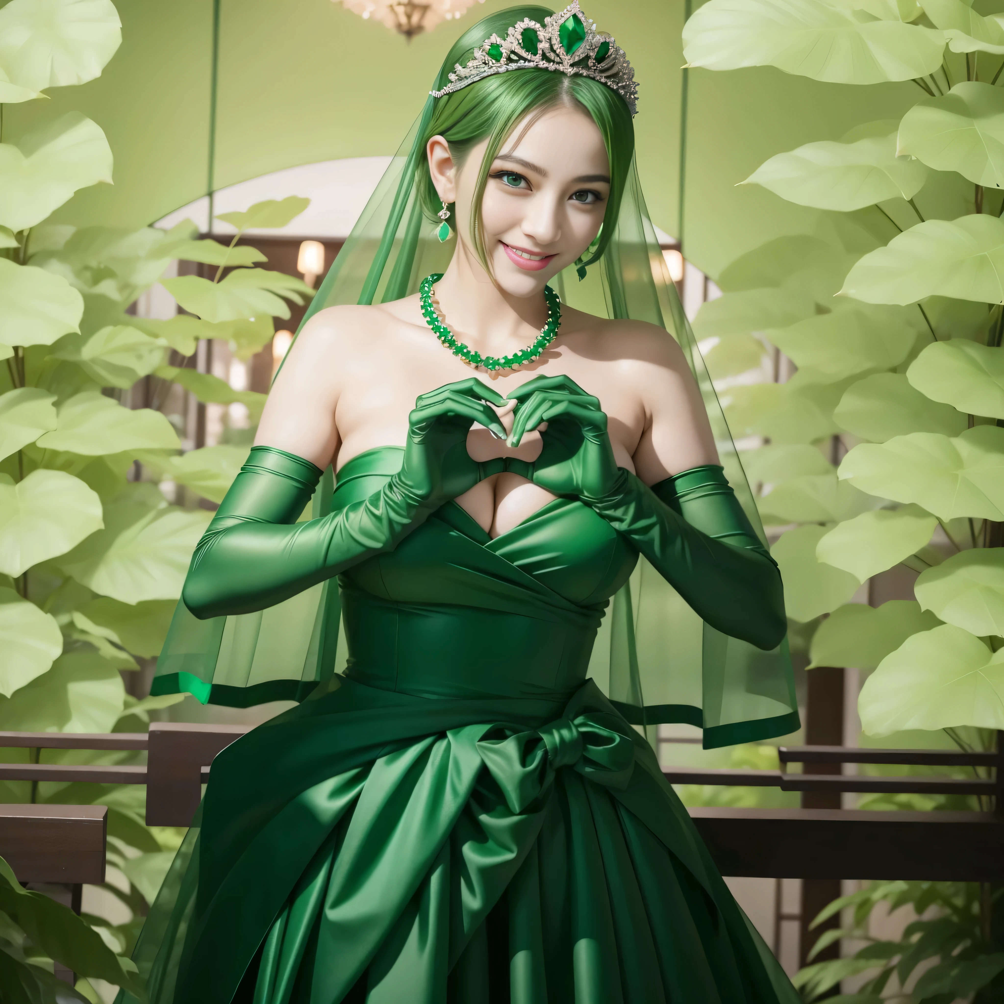emerald tiara, green pearl necklace, ボーイッシュな非常に短いgreen hair, lipstick, smiling Japanese woman, very short hair, Beauty with large breasts, green eyes, Long Green Satin Gloves, green eyes, emerald earrings, green veil, heart with both hands, green hair, beautiful japanese woman, heart shaped hand:1.3