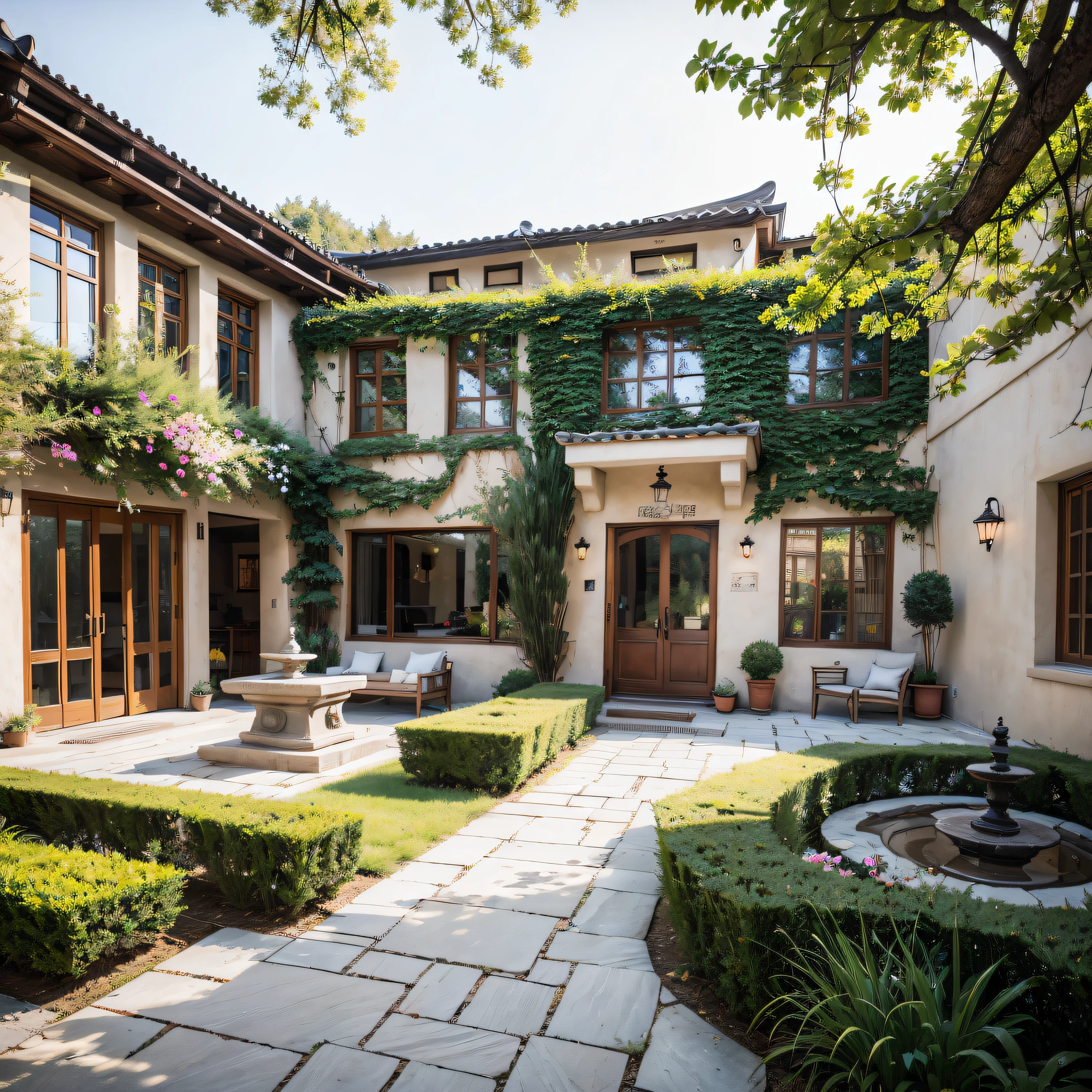 ,obra de arte, melhor qualidade,8k, ultra high resolution,This neoclassical courtyard exudes tranquility、Ambiente elegante。Cercas lindamente esculpidas complementam os caminhos de pedra,It's like entering an elegant European garden。Flowers of various seasons bloom in the flowerbeds,Exudes a charming fragrance。The patio is furnished with elegant floral arrangements and cozy outdoor furniture,You can enjoy romance and tranquility in the breeze。In this well-crafted courtyard:,You can spend quality time with friends and family,Desfrute do conforto de relaxar e relaxar。