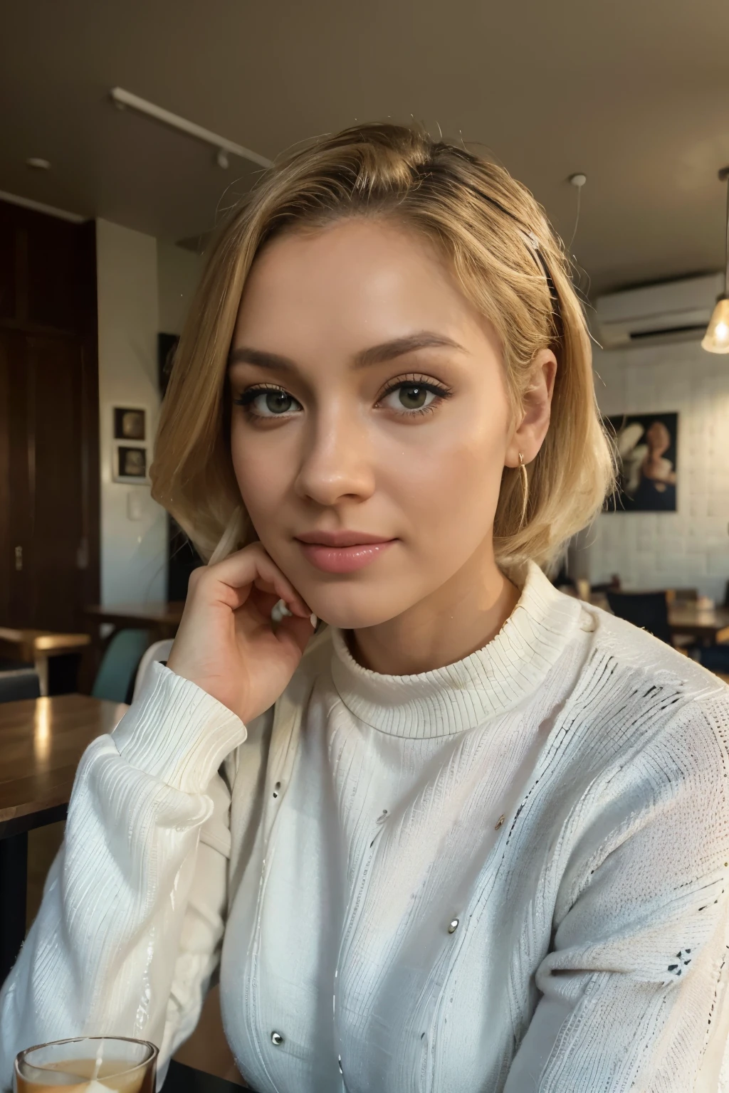 Beautiful blonde wearing a white sweater (in a cafe while drinking a Guinness ), muito detalhado, 25 anos, cabelo ondulado, Olhos verdes, O rosto de Marilyn Monroe, high resolution, obra de arte, melhor qualidade, detalhes altos e intrincados, altamente detalhado, sharp focus, pele detalhada, realistic skin textura, textura, olhos detalhados, profissional, 4k, sorriso encantador, pouty lips, filmado na Canon, 24 mm, profundidade superficial de campo, cores suaves, corpo em forma perfeita, extremamente detalhado, fotografiar_\(ultra\), fotorrealista, Realista, post-processing, Maximum details, rugosidade, Vida real, Ultra realista, fotorrealismo, fotografia, 8K Ultra HD, fotografia, corpo perfeito, 3-point studio lighting