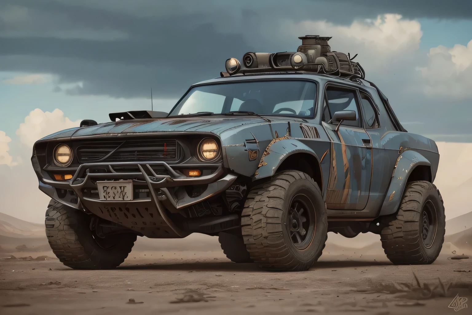 Create a cinematic, filmic image 4k, 8k with [George Miller's Mad Max style]. The image should be captured in a [wide-angle view] and depict [single] a [post-apocalyptic]  V8 [muscle car]. The car's paint is a [black] covered in a spots of [rust] and thin layer of smooth [dust] and [dirt], making it appear [rugged] and [gritty] but with visible [black color]
The car's body should be [sleek] and [aerodynamic], giving it a [low] and [aggressive] stance that conveys [power] and [speed]. The front of the car should feature a [distinctive] front nose cone with [rectangular lights] that adds to its [intimidating] appearance. The car's wheels should be [large] and [sturdy], with [thick] tires that can handle the [rough] terrain of the [post-apocalyptic] wasteland. The rims should be made of [durable] metal with a [unique design] that showcases the car's [individuality].
In addition, the car should have [eight exhaust side pipes]. The car should also feature a Weiand 6-71 [supercharger] mounted on the hood, protruding through the bonnet.
Car should be designed to look both [powerful] and [functional], built to withstand the [harsh] conditions of the [post-apocalyptic] wasteland.
The image should be [ultra-realistic], with [high-resolution] captured in [natural light]. The lighting should create [soft shadows] and showcase the [raw] and [vibrant colors] of the car. The image should be a highly-detailed photography set in a [post-nuclear], [fallout] like setting, conveying a sense of [danger] and [grittiness]. The final image should be a [masterpiece], with a [realistic portrayal] of the Interceptor that is both [intimidating] and [awe-inspiring]. Background should contain [empty desert highway], image takes place before the storm, with the [hot summer sun] still shining brightly in the sky, but in the distance, the sky is a [dark and foreboding shade of blue], hinting at an impending storm  
