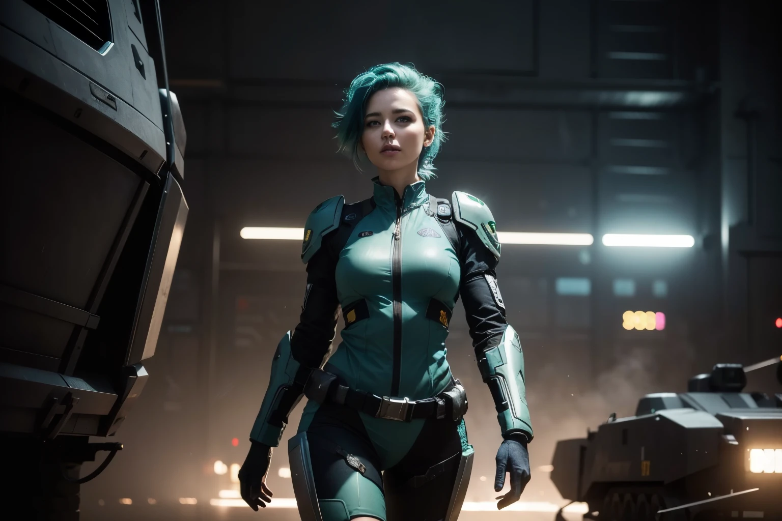 ((concept art)), (war mecha pilot), tough girl with cute small breasts, battle scars, German Irish woman, (high resolution photography), ready for love, climbing into battle mech, dark blue green punk hair