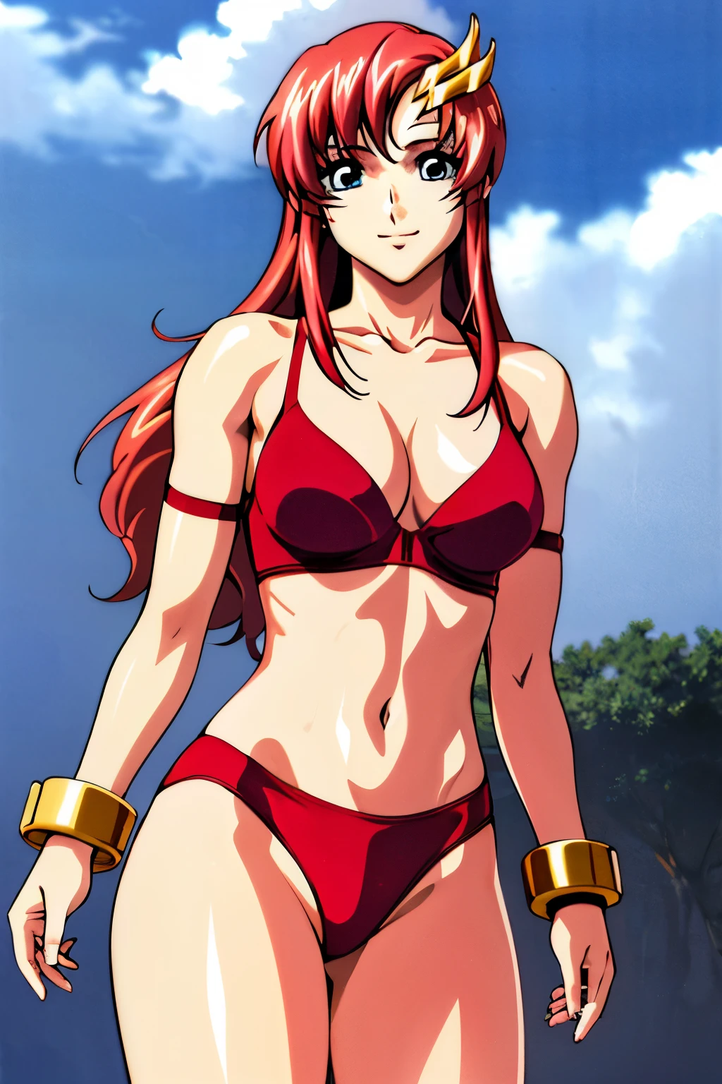 lacus4, (red bikini, groin lines), (masterpiece, cowboy shot, very slim shoulders, 4K, Best Quality, Anime style: 1.9, happy, Adult Woman, (ultra detailed head), (cloud background), Drawing lines, high resolution, lacus4), 1girl, Solo, curvy figure, Long hair, 鎖骨, scapular, (Detailed wide hair bangs, Hair Ornament, Detailed reddish-pink hair, shiny streaks, slim arms, detailed golden crest), cleavage, large hands, (hair cover shoulders). (Big blue eyes, shiny eyes), ((female wrestler, (slim body), little biceps, slim arms, closed fists, thighs)), ((perfect proportions, medium breasts, long belly)), ((totally red bra, neck band, bracelets))), smile, (standing, hot colors), detailed fingers, (bare shoulders)
