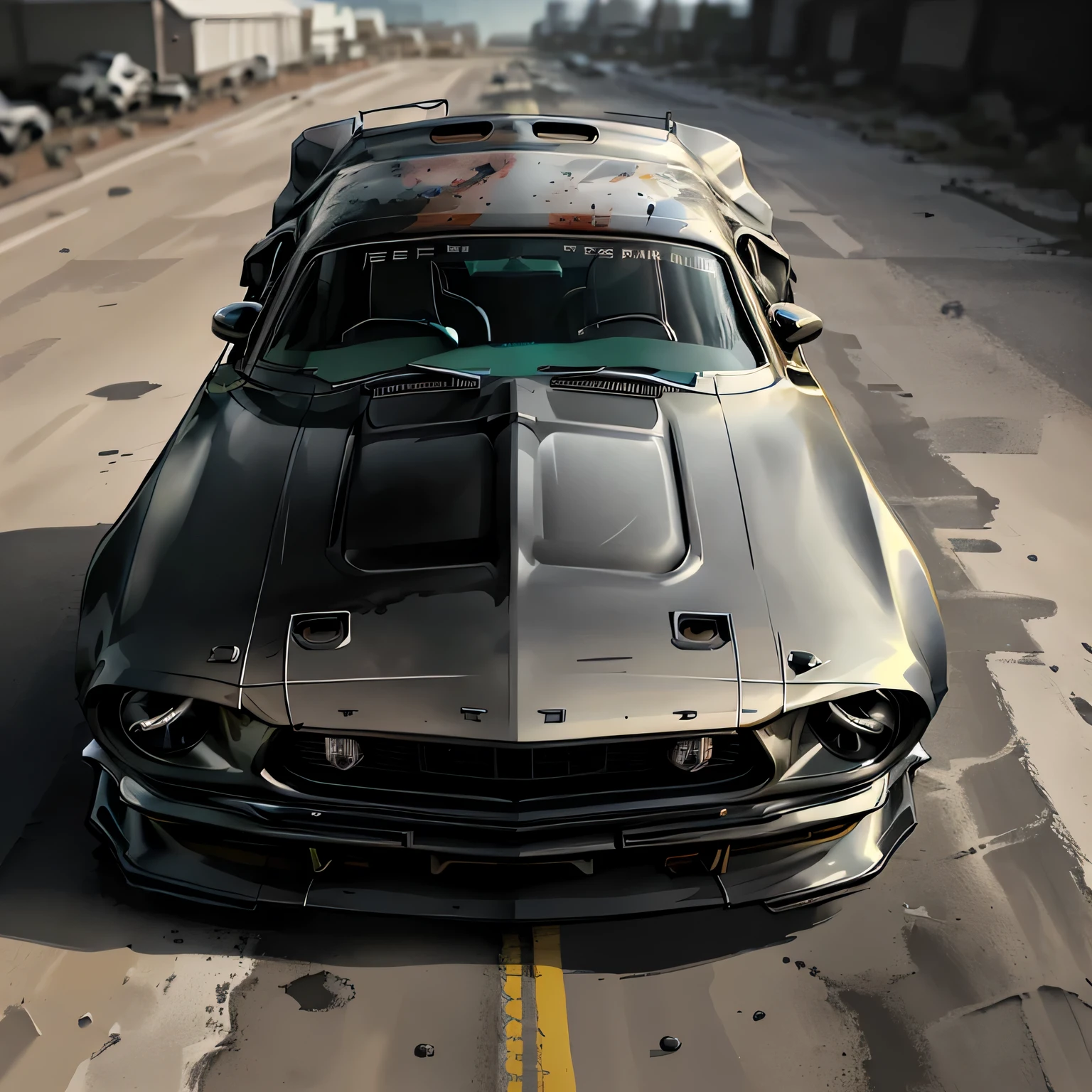 Graphic design, flat design, 1968 Ford Mustang Black Shelby, watercolor splashes, clean highly detailed, photorealistic masterpiece, professional photography, realistic car, abstract watercolor background, isometric, vibrant color vector, sharp focus, volumetric mist, 8k UHD, DSLR, high quality, grain film, Fujifilm XT3