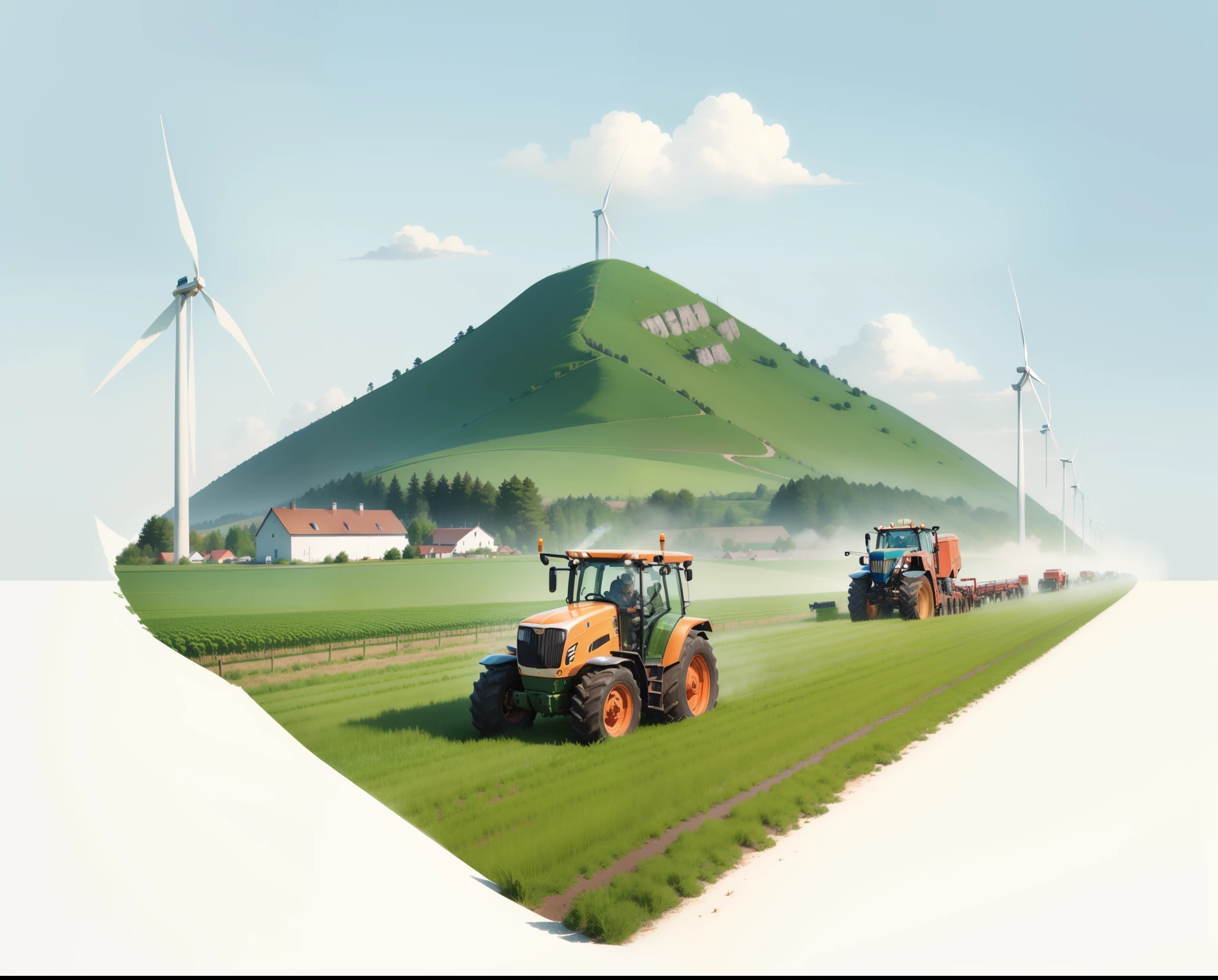 farms, Wind power, aerial illustration, technology and nature in harmony, Stylized digital t-shirt project, full color digital t-shirt illustration, Modern agriculture，tractor，Drone sprinkling，Vegetable greenhouses，Wind power，background mountains，harvester，white cloud，Illustration style, t-shire project