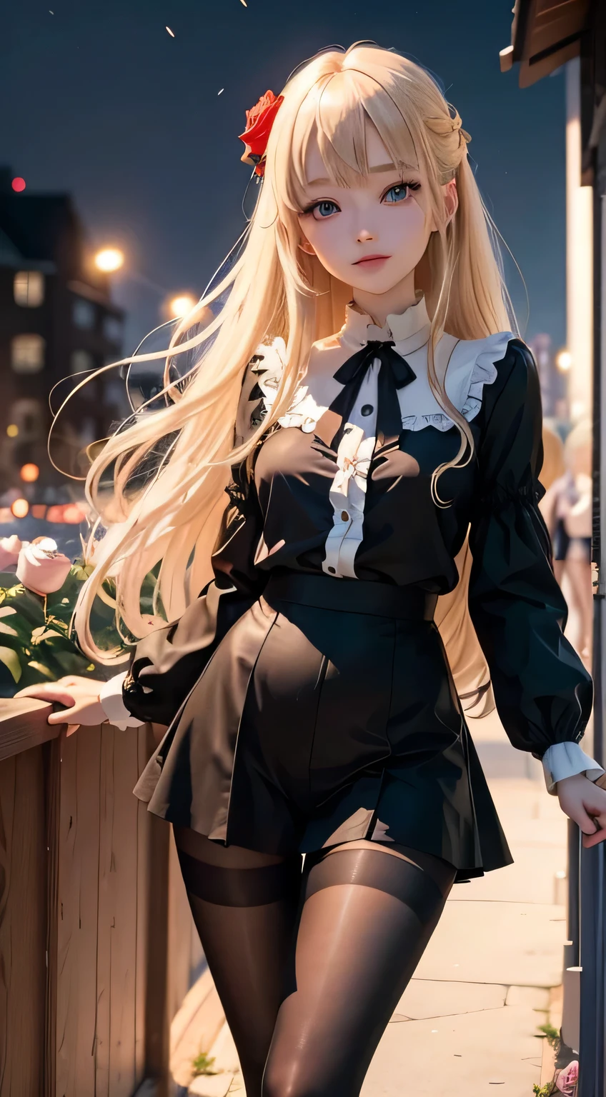 Masterpiece, Best quality, absurderes, view the viewer, Solo, rita rossweisse (Summer Night's Dream), rita rossweisse, shirt, Pantyhose, Red rose, Blue eyes, Blonde hair, Long sleeves, Moles under eyes, (hair on one eye), frilly shirt, White shirt, Seductive smile, (Ulzzang-6500:0.8), Long hair, day, Outdoor black pantyhose
