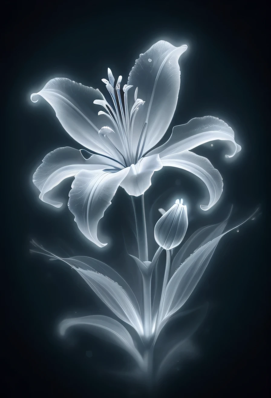 (masterpiece, high quality, best resolution), detailed, HD, ghostly single lily in the style of an X-ray, on a dark bokeh background, glowing delicate flower, luminous, ethereal essence, neon, ultra realistic, with bloom effects, beautiful, channeling energy, 8k, softly magical energy