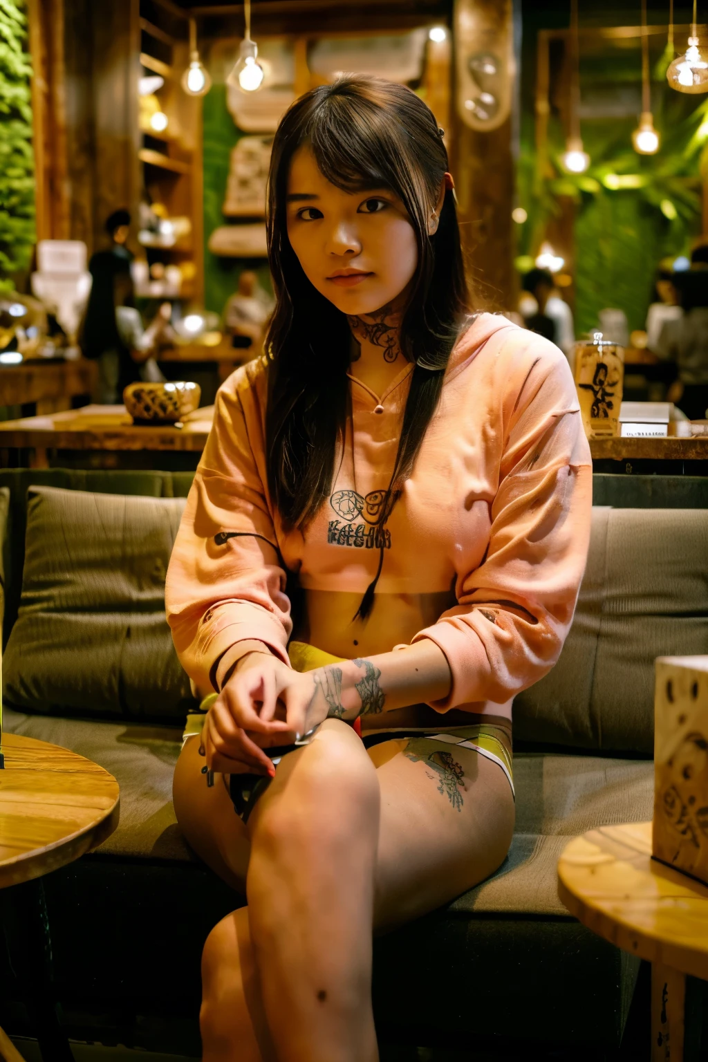 ((Benevolent voluptuous ((Laotian)) 18 yo barista)) sitting at wooden table while intently reading, (wearing a trendy cropped streetwear hoodie), tattoos on arms and legs, wearing wooden bracelets, high quality photo, sitting in the middle of the quiet (dense cannabis sativa themed cafe) during golden hour