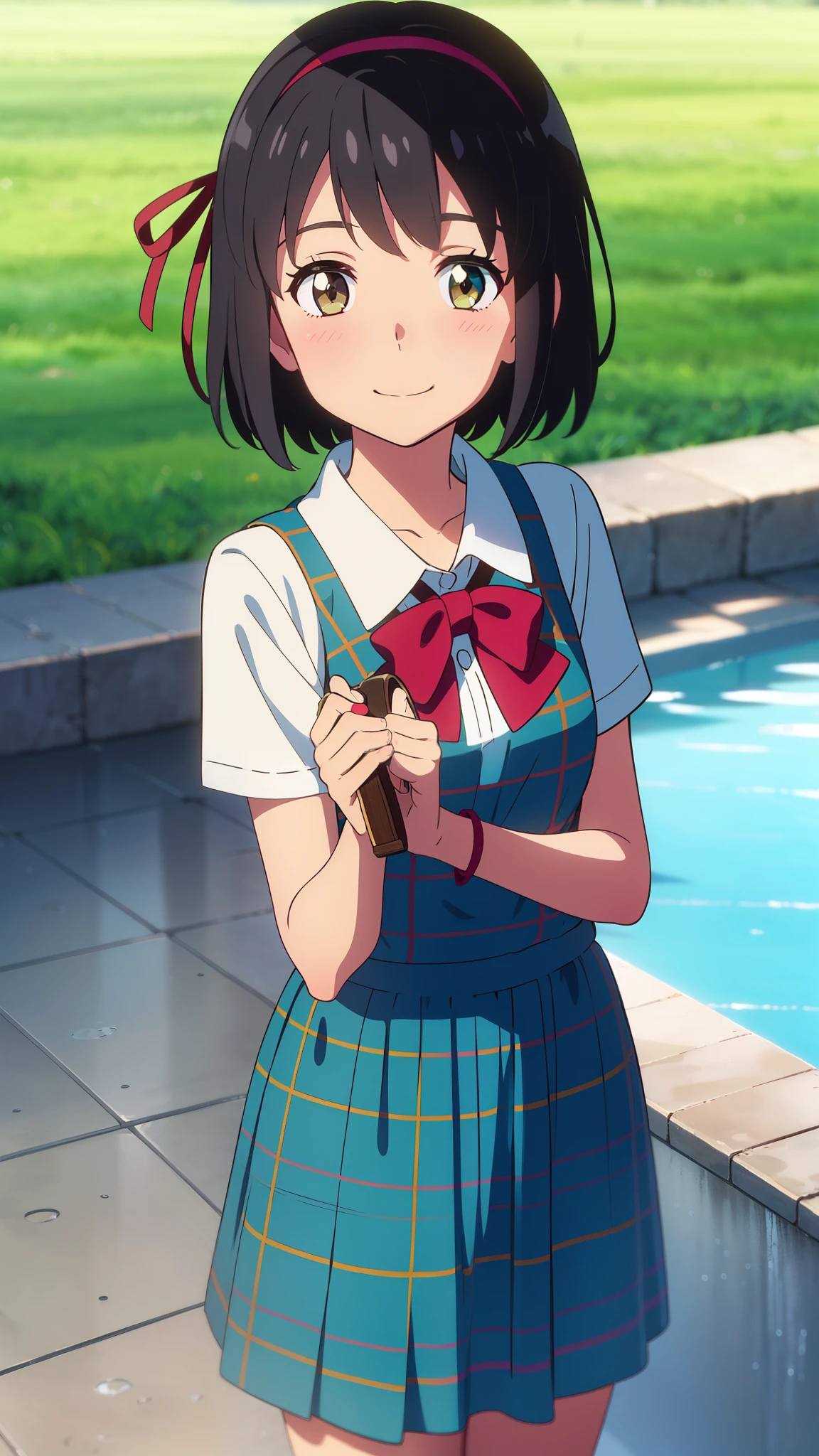 shinkai makoto, kimi no na wa., 1girl, bangs, black hair, blush, brown eyes, shiny skin, blue headband, blue ribbon, blue bow, turquoise plaid skirt, Wearing a white lace dress, short sleeves, looking at the viewer, short hair, smile, cute, solo, Green grass, pool, backyard