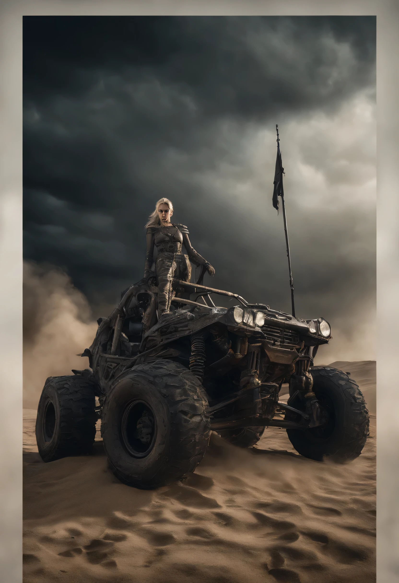 Mad Max style photo of young female, blonde dreadlocks, mech armour, driving dune buggy, desert sands, dust clouds, abstract beauty, near perfection, pure form, intricate detail, Mushroom Cloud, winner of the year's best photo, the world on fire, post-apocalyptic hellscape military photography, photo epic of the year, fire on the horizon, epic cinematic shot, pure form, intricate detail, 8k post-production, High resolution, super Detail, trending on ArtStation, sharp focus, studio photos, intricate detail, Very detailed, By Greg Rutkowski, 8