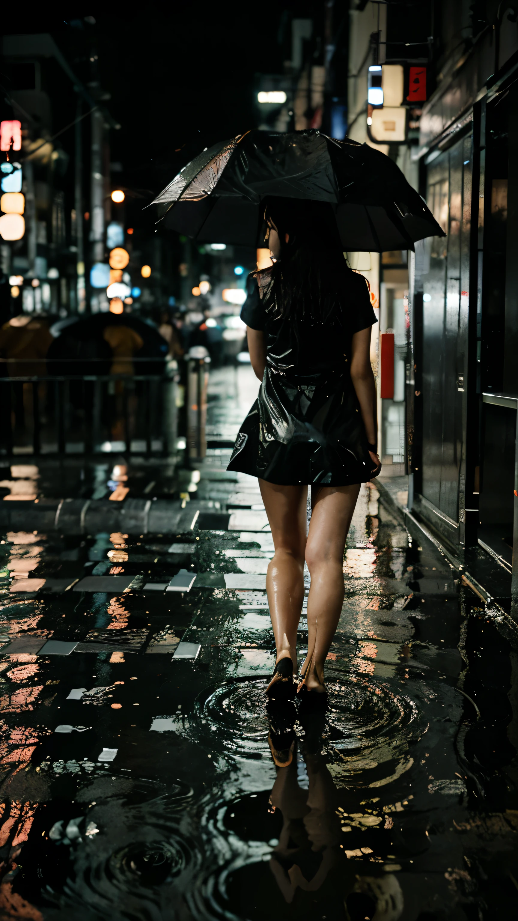 Create a rainy night image in Tokyo, highlighting Ayumi walking towards a secret entrance, with neon reflections in puddles of water.