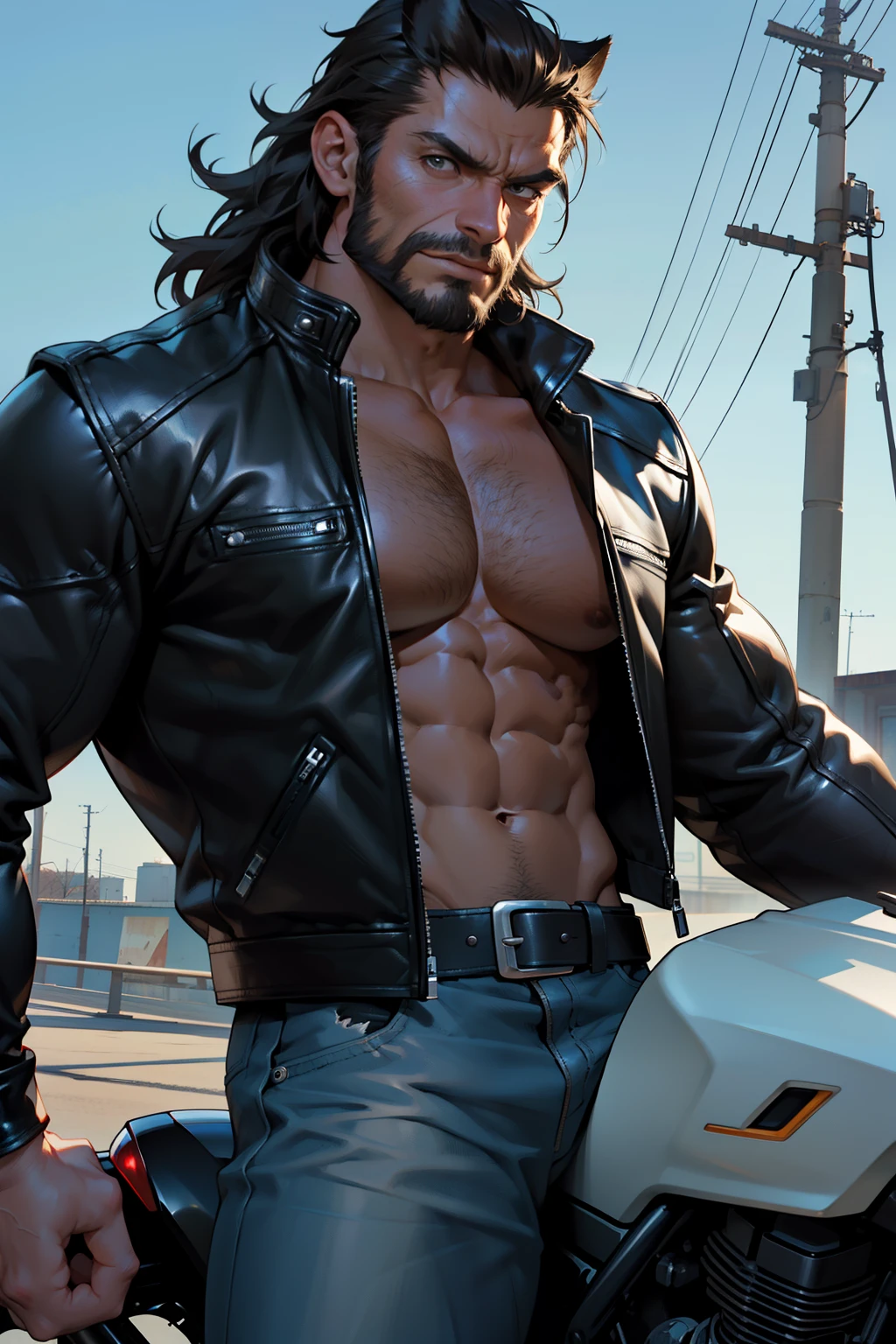 Cinematic Still of Wolverine, riding a motorcycle with a sleek black body, wearing his signature tight leather jacket that hugs his muscular physique, displaying bulging biceps and chiseled abs. (Best Quality, 4k, 8K, high resolution, Masterpiece: 1.2)
Wolverine, with his rugged features, claws retracted, donning a black leather motorcycle helmet, the wind ruffling his shaggy brown hair. His leather jacket is worn tight, showcasing every ripple and contour of his toned upper body.
Two paws gripping the handlebars, Wolverine's arms are