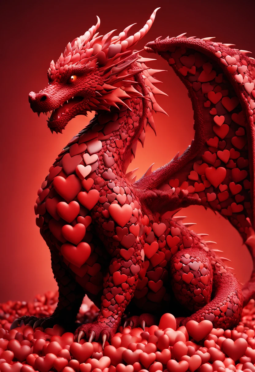 A dragon made entirely of hearts, red theme