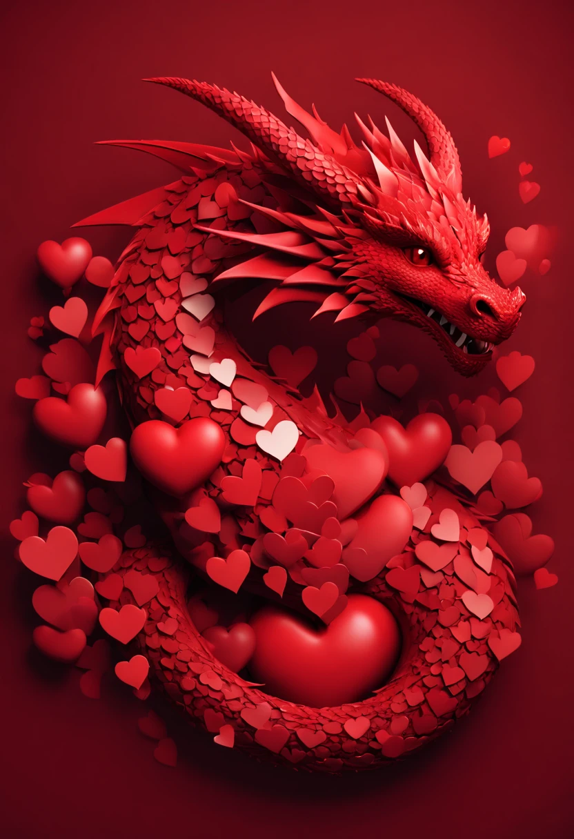 A dragon made entirely of hearts, red theme