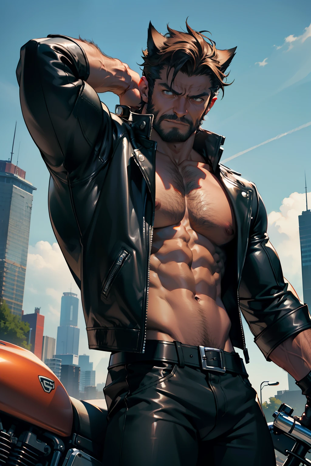 Cinematic Still of Wolverine, riding a motorcycle with a sleek black body, wearing his signature tight leather jacket that hugs his muscular physique, displaying bulging biceps and chiseled abs. (Best Quality, 4k, 8K, high resolution, Masterpiece: 1.2)
Wolverine, with his rugged features, claws retracted, donning a black leather motorcycle helmet, the wind ruffling his shaggy brown hair. His leather jacket is worn tight, showcasing every ripple and contour of his toned upper body.
Two paws gripping the handlebars, Wolverine's arms are