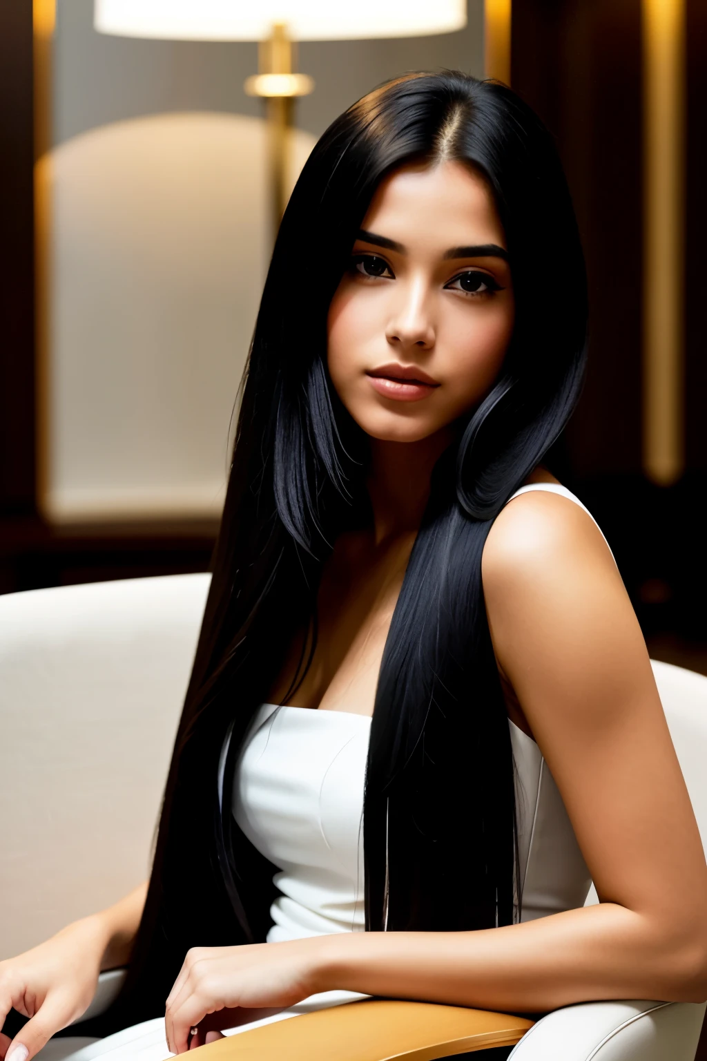 The woman in the picture is shown sitting comfortably on a plush chair, surrounded by the opulence of a luxurious hotel. Her long straight black hair cascades down her shoulders, framing her clear facial features – the high cheeks, the neat nose, the expressive eyes. She appears to be engrossed in her work, her fingers dancing effortlessly on the keys of a sleek MacBook Pro. Her profession is that of a graphic designer, as evidenced by the precision and focus on her face.

The image is captured through the lens of a Canon EOS 5D Mark IV 61, using an f/1.8 aperture to create a shallow depth of field