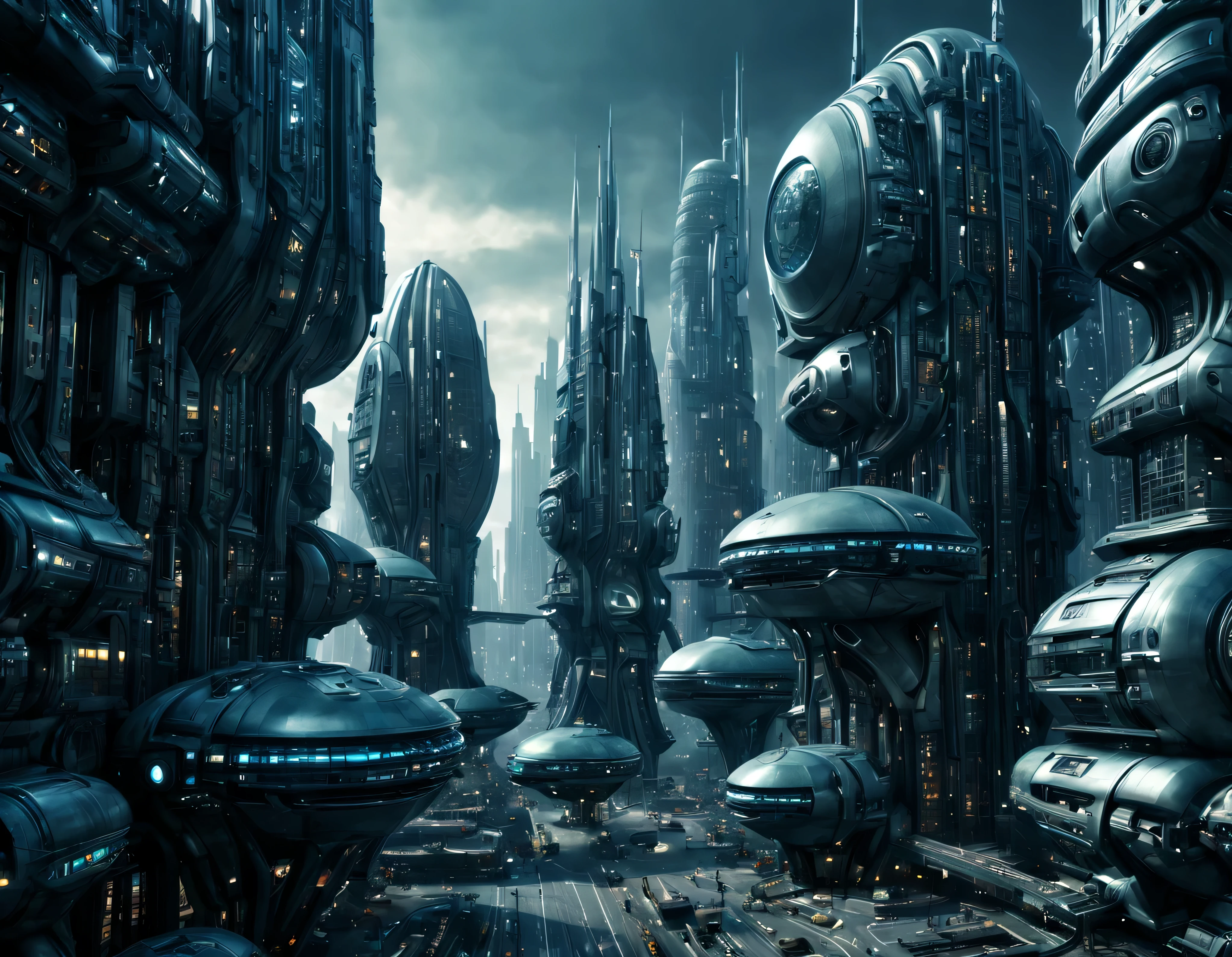 street of an extraterrestrial alien city with futuristic and technological architecture in its metal and glass conglomerado de buildings, some aliens walking around, ventanas iluminadas, all full of imagination, science fiction and (intrincados detalles de la maquina).imagen fotorrealista, Maximum sharpness, calidad 8k.(obra maestra de calidad superior). 3D.
