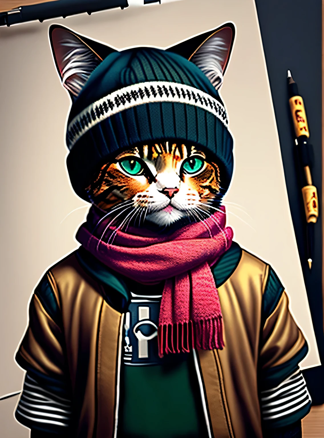 Drawing of a cat in a hat and scarf, Art Station Trend, vestindo roupas punk, hyper realistic detailed rendering, British gang member, estilo urbano, pose intimidante, planeta dos gatos, roupas da moda, samurai urbano , Miau, West Slavic traits, 8 1 5