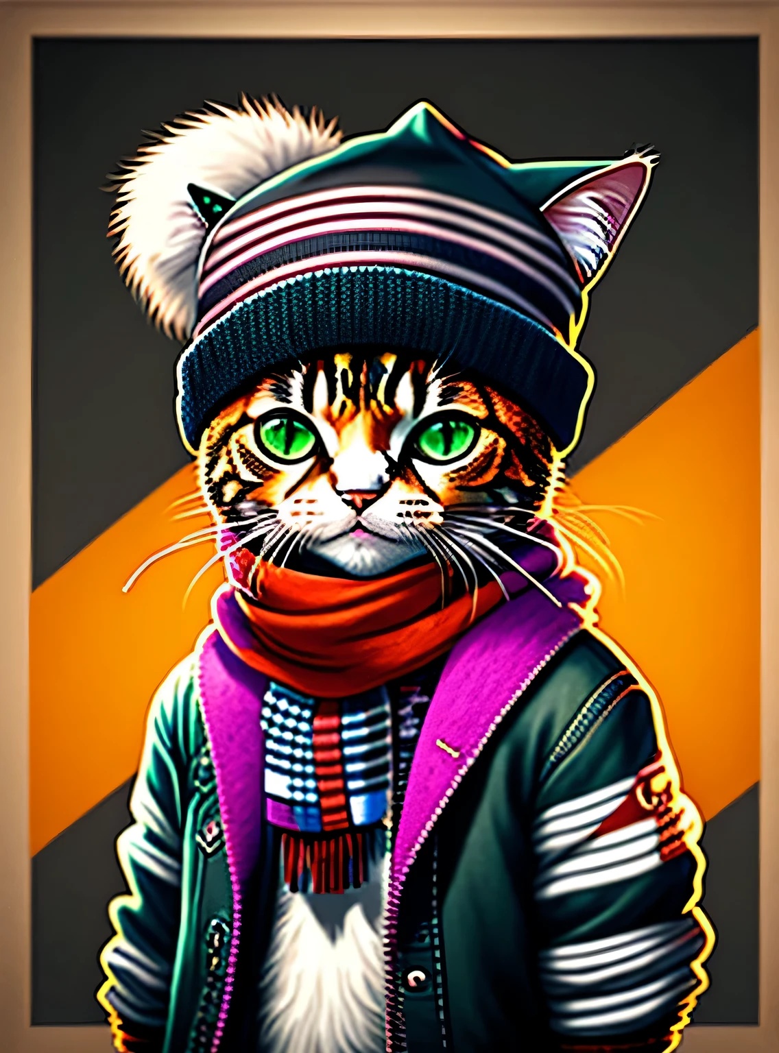 Drawing of a cat in a hat and scarf, Art Station Trend, vestindo roupas punk, hyper realistic detailed rendering, British gang member, estilo urbano, pose intimidante, planeta dos gatos, roupas da moda, samurai urbano , Miau, West Slavic traits, 8 1 5