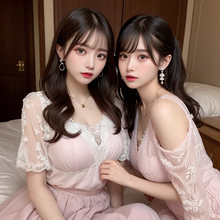 finely detail, high resolution, high quality、Perfect dynamic composition, Beautiful detailed eyes, PONY tail hair, Beautiful breasts 、Natural Color Lip, up of face,Kamimei、2 girls in、Transparent skin、Glowing hair、Pink luxury clothes、Fluffy skirt、intricate lace、complex dress、intricate hair ornament、Complex earrings、Complex necklaces、bedroom