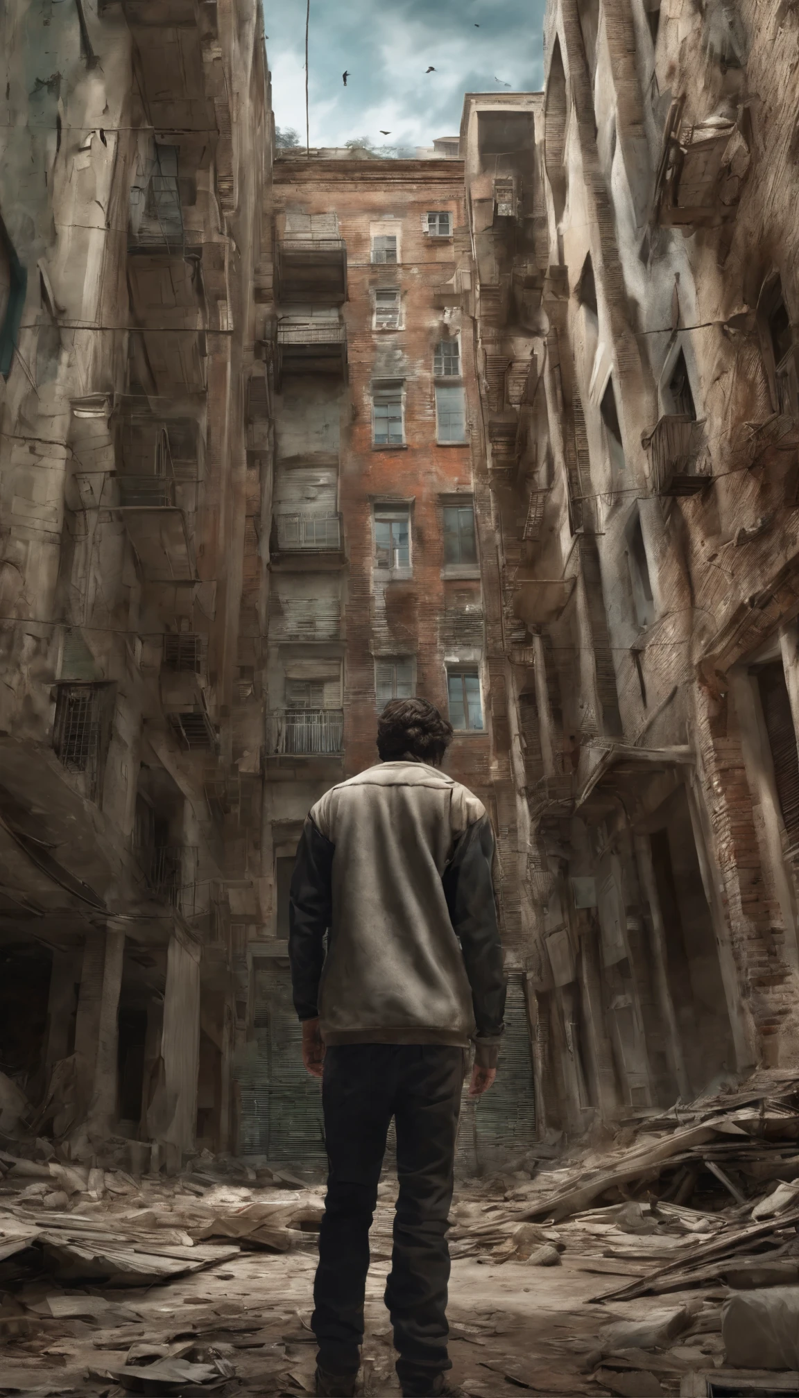 There is an image of a young man in fear. Between buildings without interior. No undo no horizonte escuro tem Caveira gigantesca observando. Abandoned solid-colored buildings. HD imagem 4K