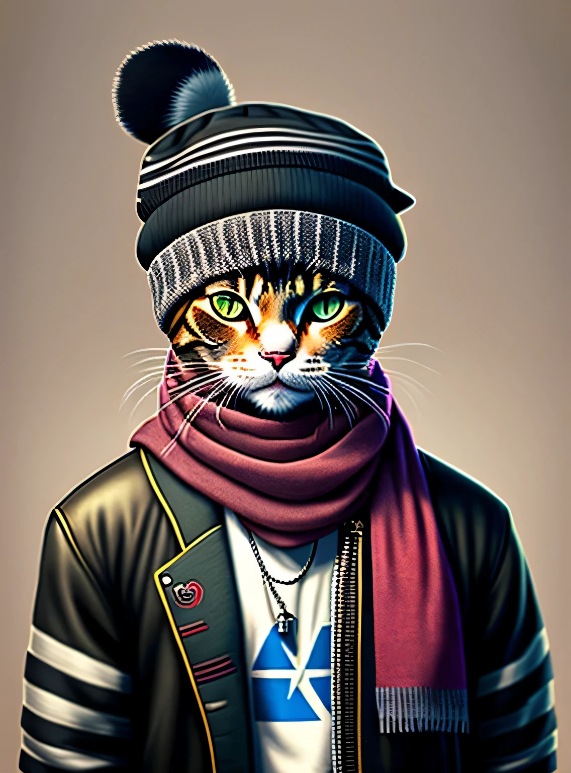 Drawing of a cat in a hat and scarf, Art Station Trend, vestindo roupas punk, hyper realistic detailed rendering, British gang member, estilo urbano, pose intimidante, planeta dos gatos, roupas da moda, samurai urbano , Miau, West Slavic traits, 8 1 5