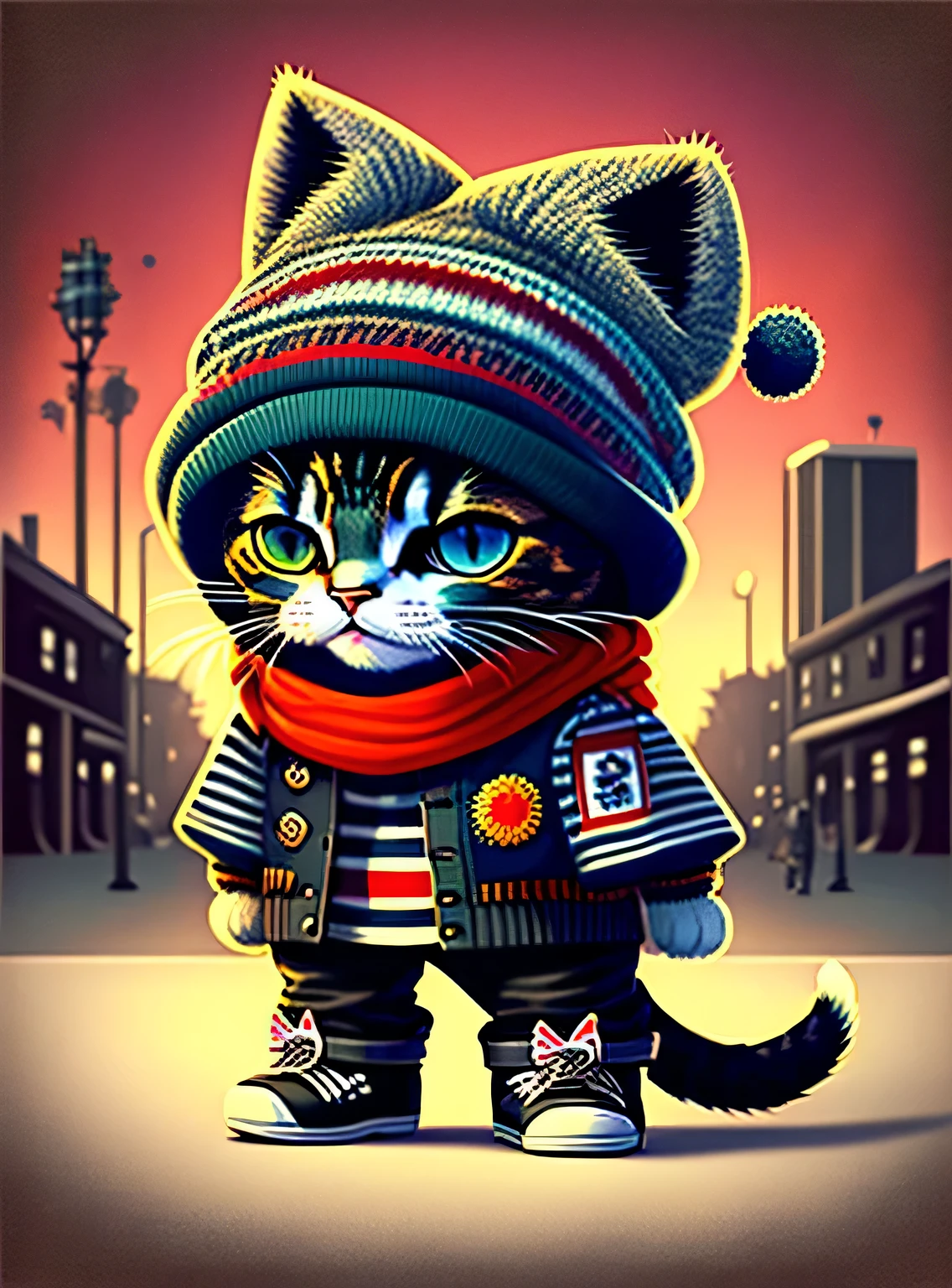 Drawing of a cat in a hat and scarf, Art Station Trend, vestindo roupas punk, hyper realistic detailed rendering, British gang member, estilo urbano, pose intimidante, planeta dos gatos, roupas da moda, samurai urbano , Miau, West Slavic traits, 8 1 5