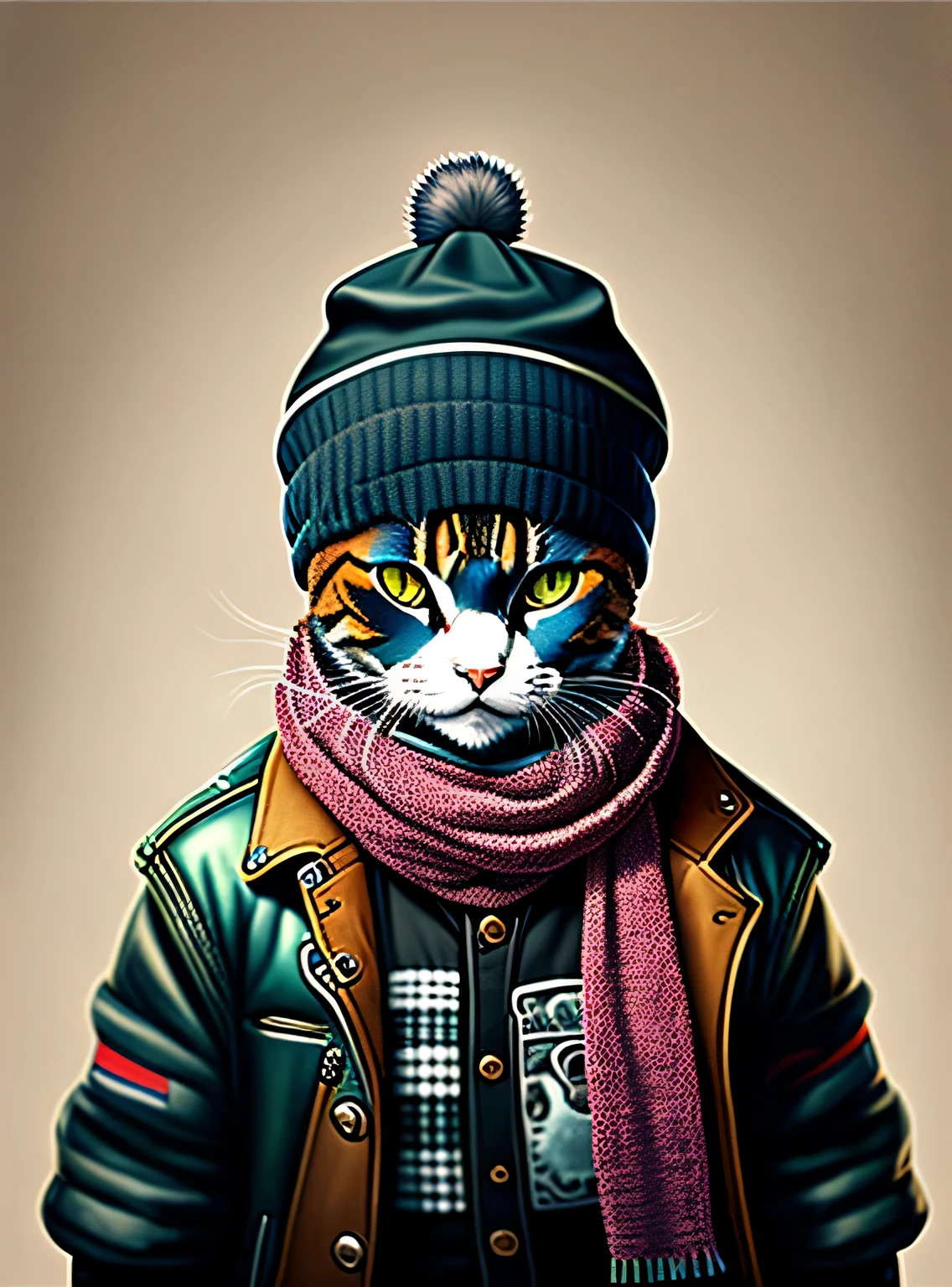 Drawing of a cat in a hat and scarf, Art Station Trend, vestindo roupas punk, hyper realistic detailed rendering, British gang member, estilo urbano, pose intimidante, planeta dos gatos, roupas da moda, samurai urbano , Miau, West Slavic traits, 8 1 5