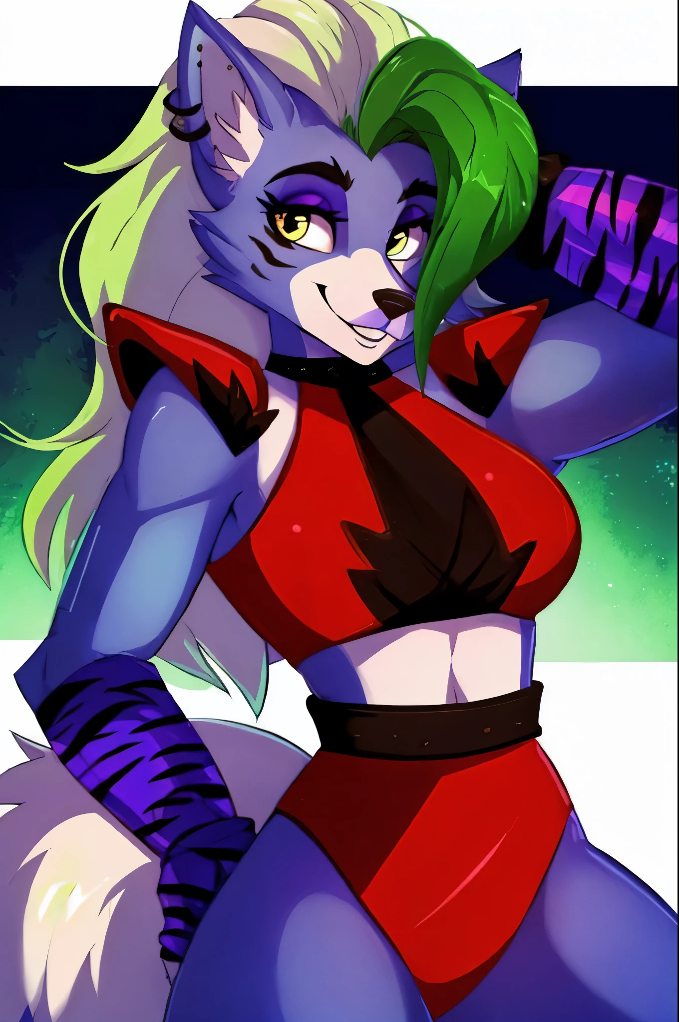 melhor qualidade, fnafroxanne, furry female, pelo do corpo, maquiagem, orelhas de lobo, cauda de lobo, cabelo cinza, cabelo verde, olhos amarelos, crop top, em uma paisagem, sorriso leve