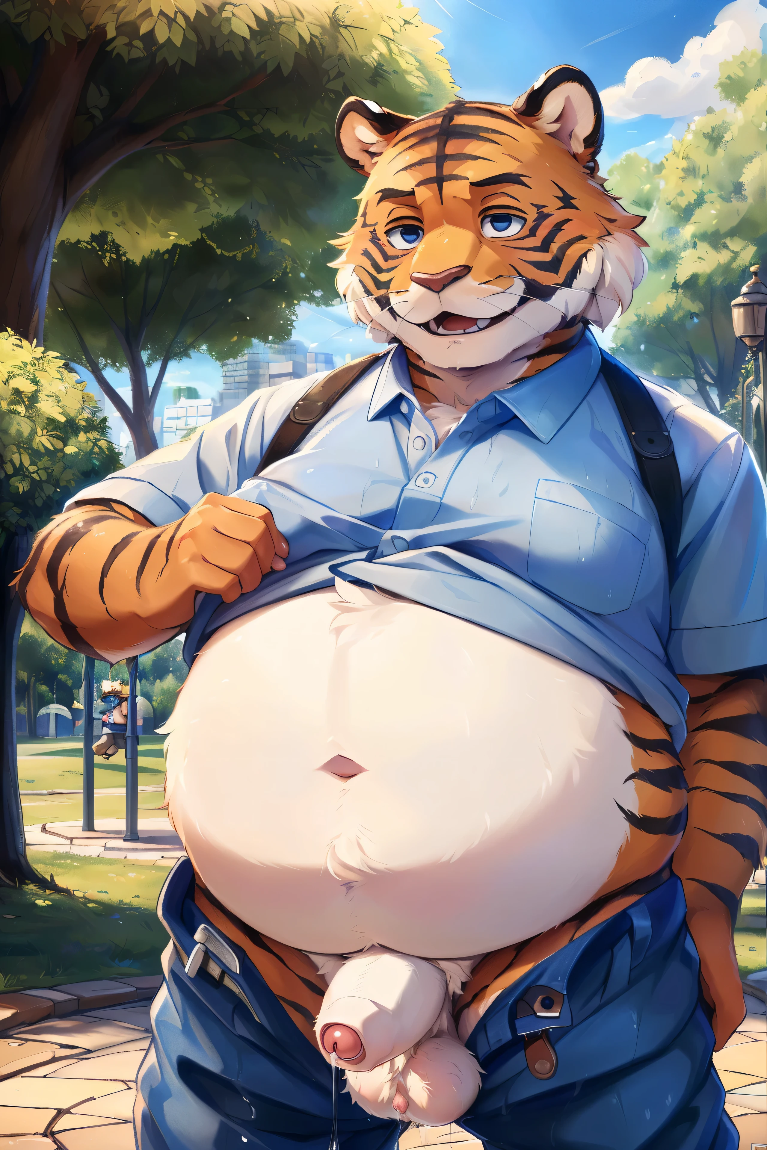 (((masterpiece, high quality, be familiar with, 64K,32K,16k,8K, 4K, High resolution)),(((There is an obese tiger(bill) ケモノがat the parkわいせつ行為をしている))),(((at the park, Exhibitionist, foreskin mini micro penis))),((chubby belly:1.2)), he fantasized about naughty things, his pants were soaked with cum, (((fluffy testicles))),[by Dagasi|Ancesla], [Written by Foxoff|personalami], [Written by Einschelm|Tom_Fischbach],((Genital juice oozing from pants:1))
