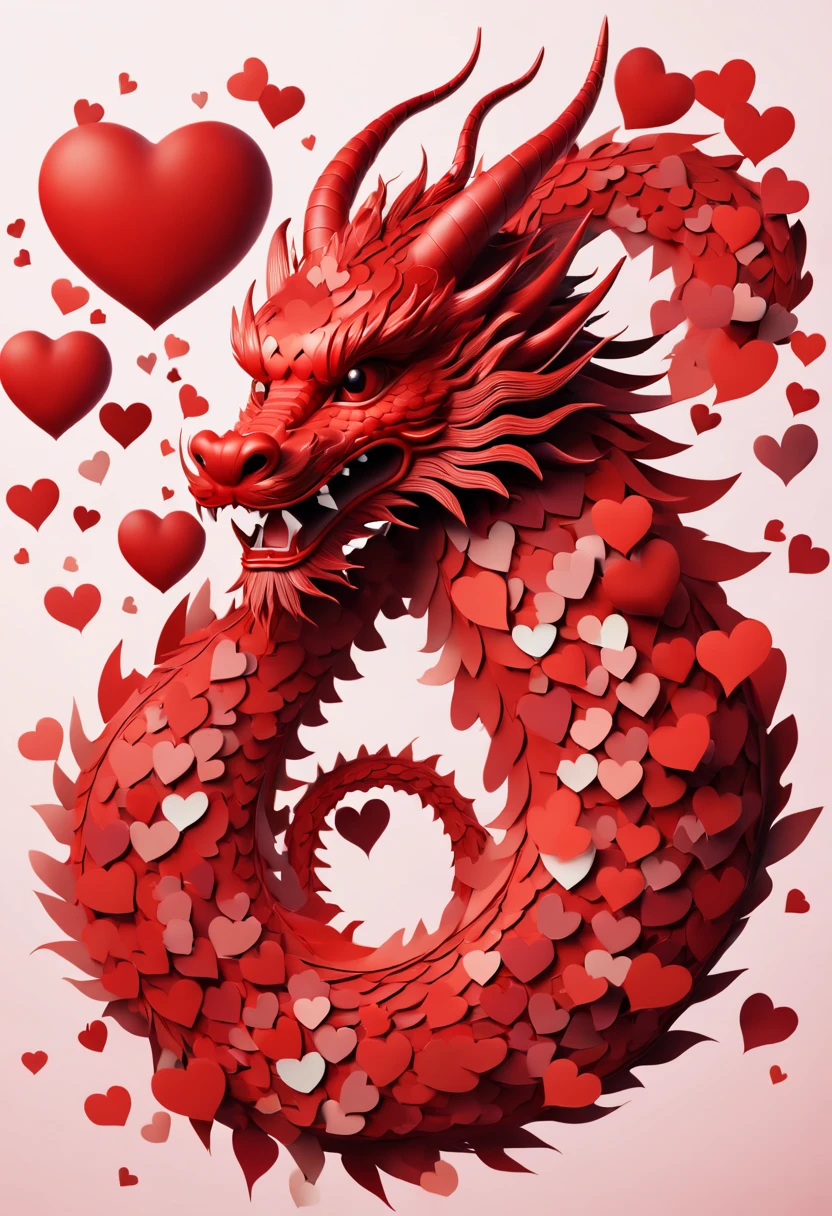 A chinese dragon made entirely of hearts, red theme