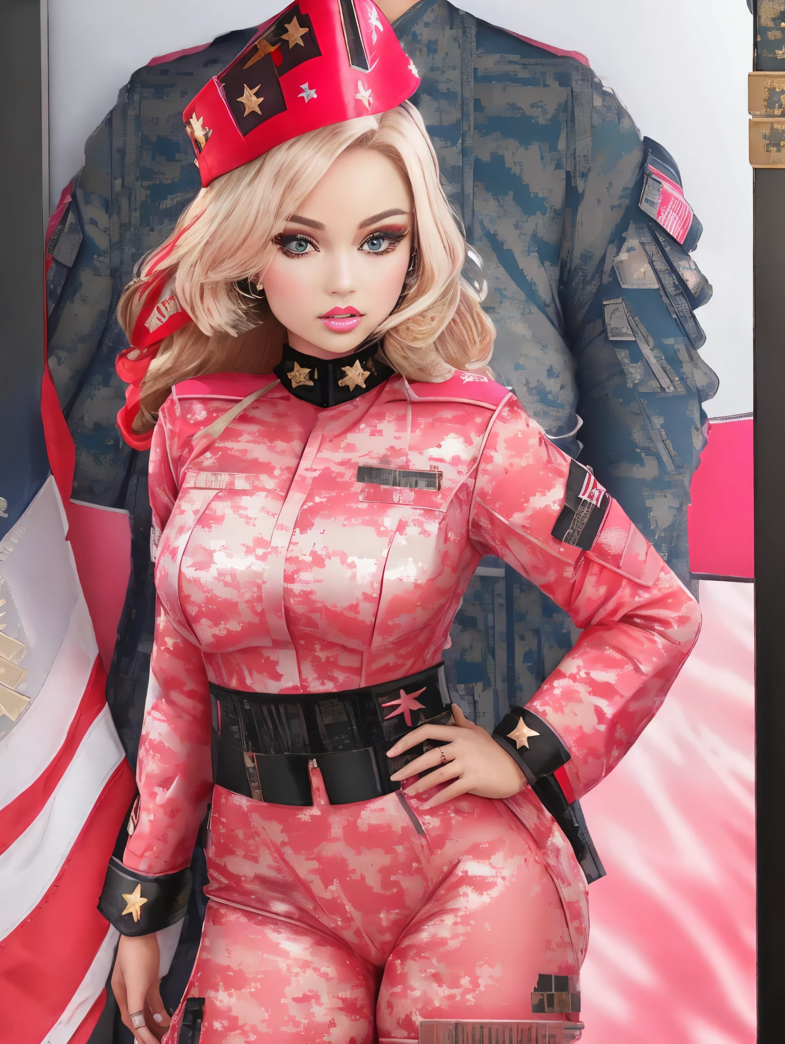 masterpiece, ultra high resolution, high resolution, hyper-detail, 1girl, inboxDollPlaySetQuiron style, full body, no humans, doll, toy, Barbie, in a gift box, character print, blonde hair, middle length hair, bright blue eyes, (wearing a detailed pink theme (military outfit:1.75) and matching accessories:1.5), pink sparkles, sprinkles, barbie pink color theme, beautiful female barbie, full lips, parted_lips, heavy make-up, smoky eyes, detailed eyes, pretty face, 3DMM, inboxDollPlaySetQuiron style,(Margot Robbie),