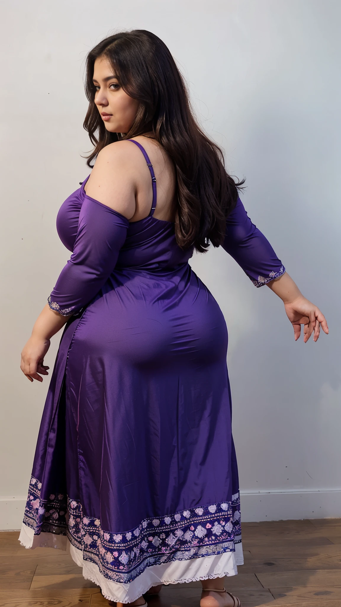 Bbw plus size Pakistani( purple long dress)facing the camera)(fat hips) (a quarter side view),inflated hips