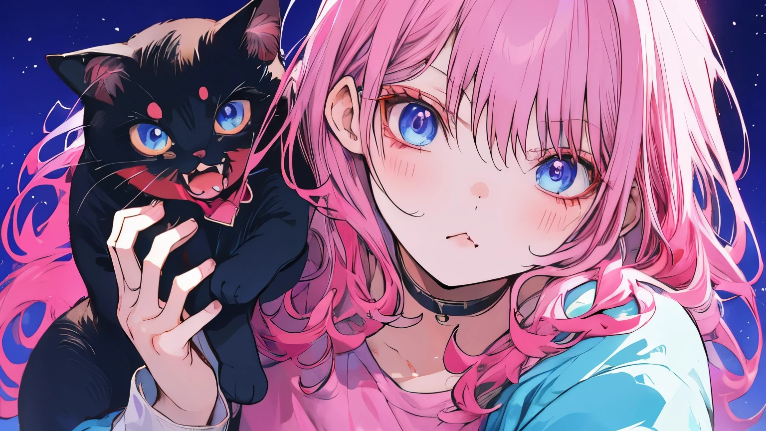 Very cute female anime half human cat woman, black and pink hair , blue eyes, beautiful background. Pouty, pink cat on shoulder.

