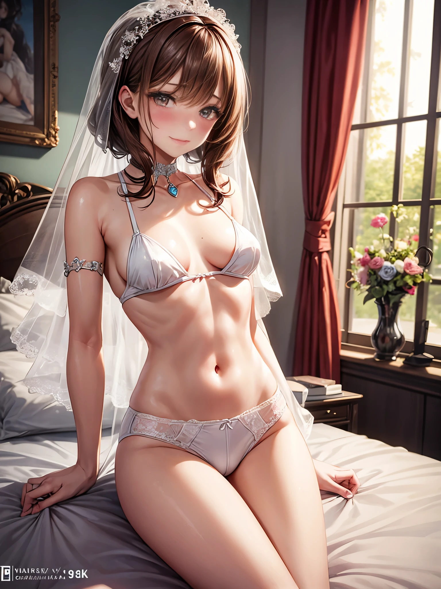 Blushing bride awaits you in the bedroom, masterpiece, best quality, 8k, sexy, small breasts