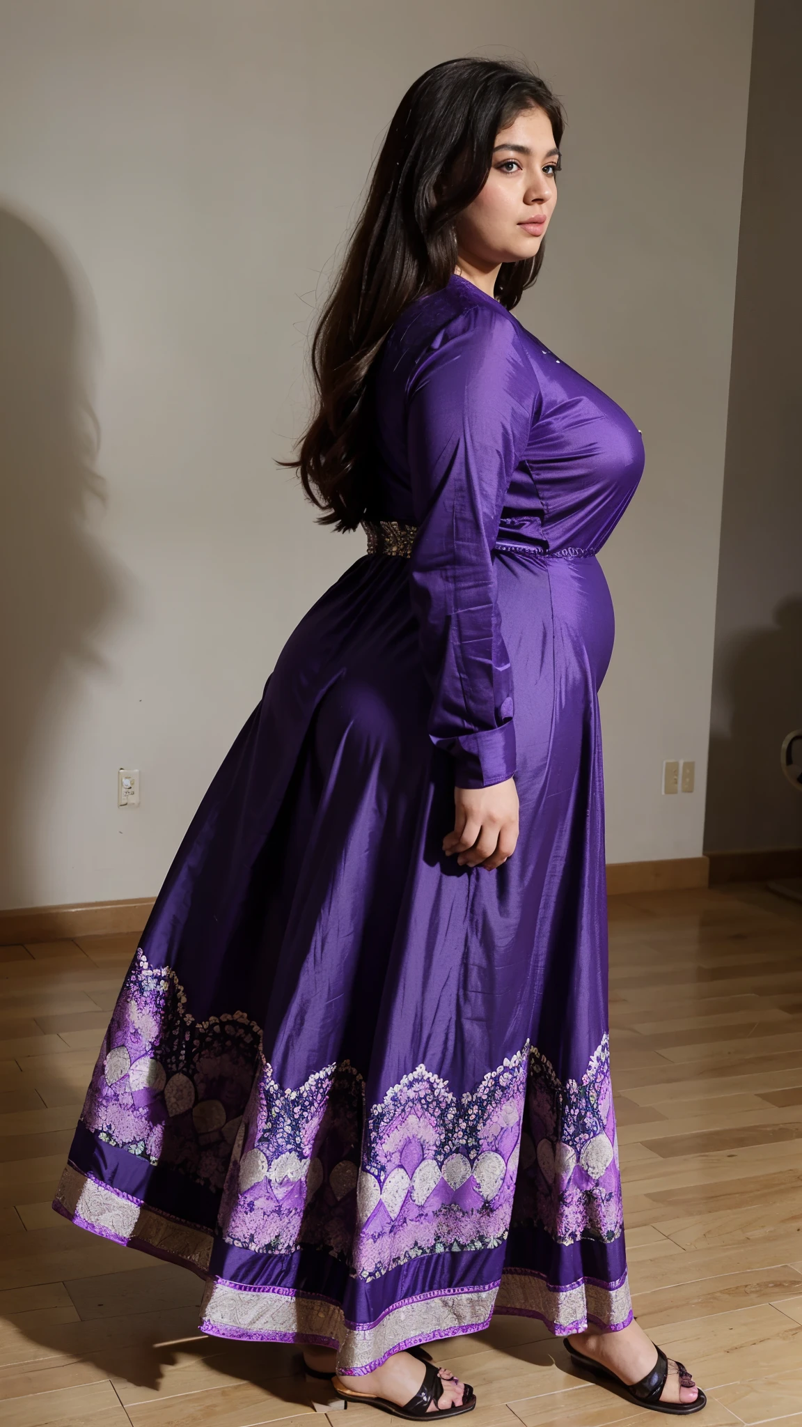 Bbw plus size Pakistani( purple long dress)facing the camera)(fat hips) (a quarter side view),inflated hips, zoom