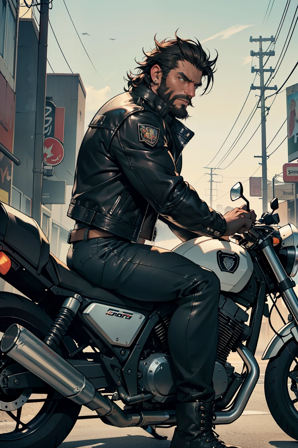 Cinematic Still of Wolverine, wearing his signature tight leather jacket, the worn-out texture revealing his massive bulging biceps and ripped abs, sitting confidently on his motorcycle. Best quality (4k, 8k, high resolution, masterpiece: 1.2). Leather jacket, black, studded with metal details, black leather pants, black motorcycle boots. Motorcycle, old-school, shiny chrome, black color. Helmet, black, with a small Wolverine insignia on the side. Beard, short and scruffy, brown hair. Intense gaze, piercing eyes, focused on the road ahead. Wind messing up his hair, adding