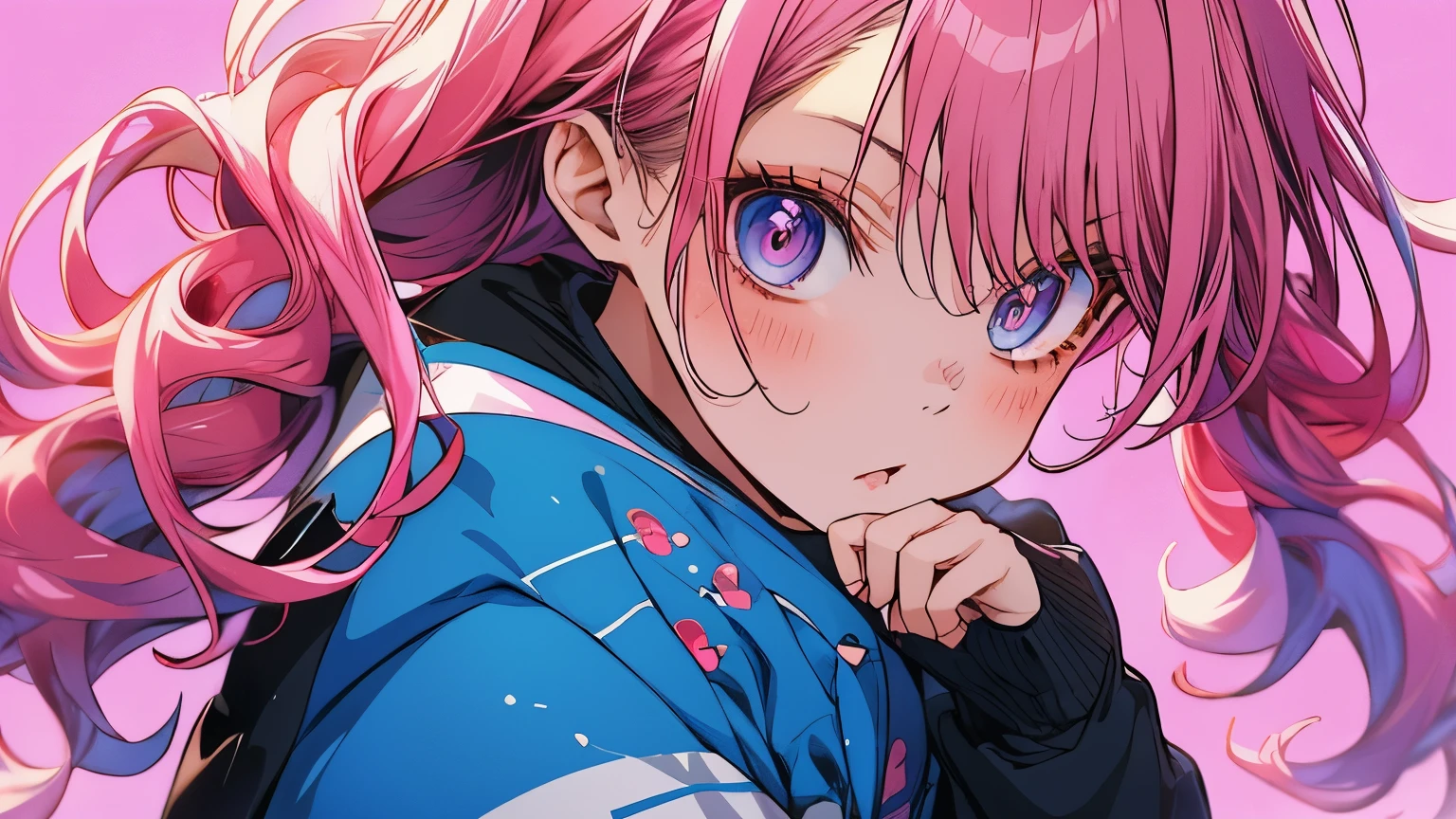 Very cute female anime half human cat woman, black and pink hair , blue eyes, beautiful background. Pouty, pink cat on shoulder.

