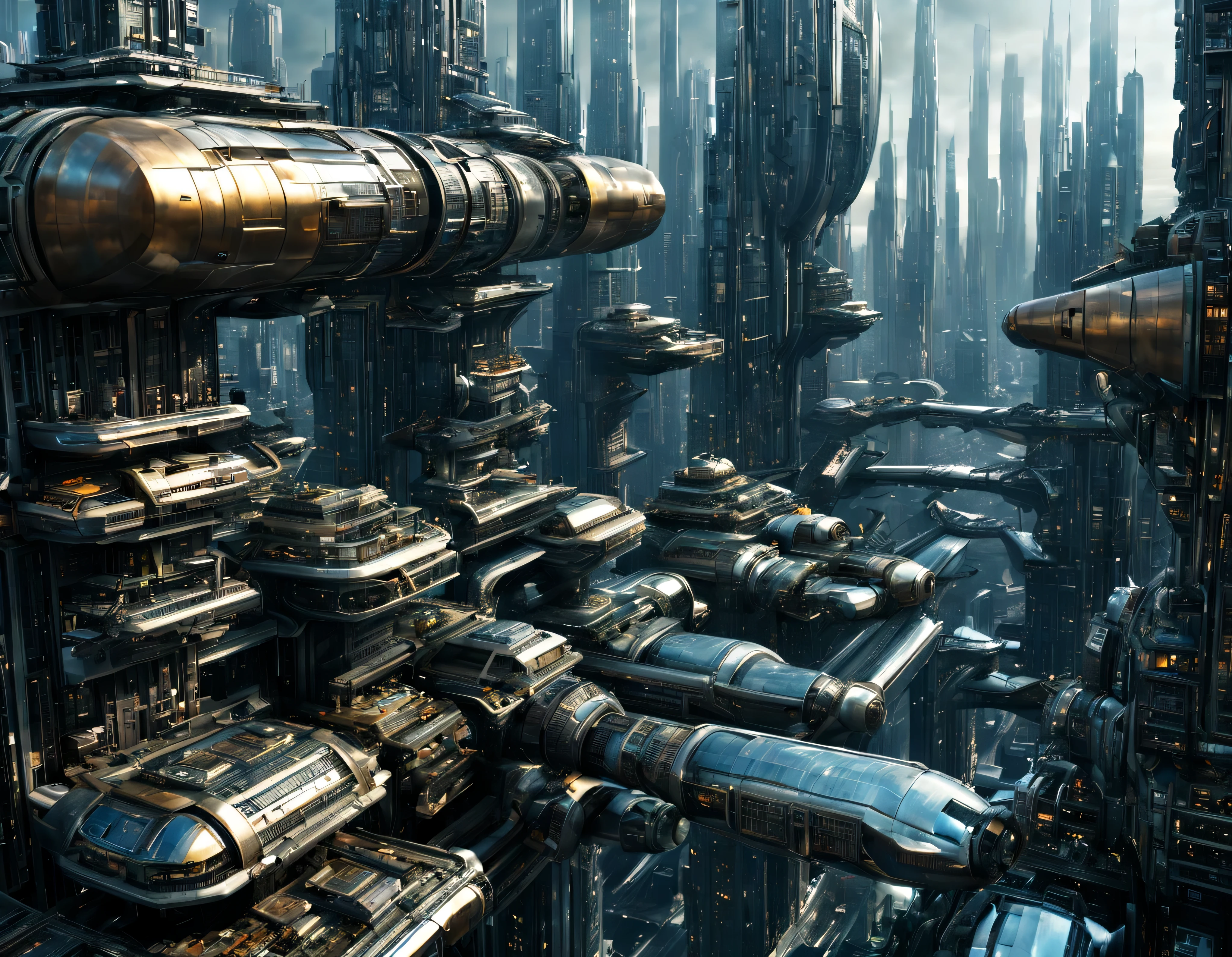 the city of megacity futuristic science fiction city as it would be in the year 3029, vista desde una terraza , with high-tech design , conglomerado de  edificios de metal y cristal, highways crossing them, de una inmensidad impresionante, con el empleo de oro , silver and bronze in its construction, realmente impresionante a la vista, imagen bien definida, sharp well defined background, con muchos edificios juntos. sharp well defined 8k image. los edificios llegan alta el fondo.,8k. cinematographic image, renderizado 3d, ((obra maestra de superior calidad)).