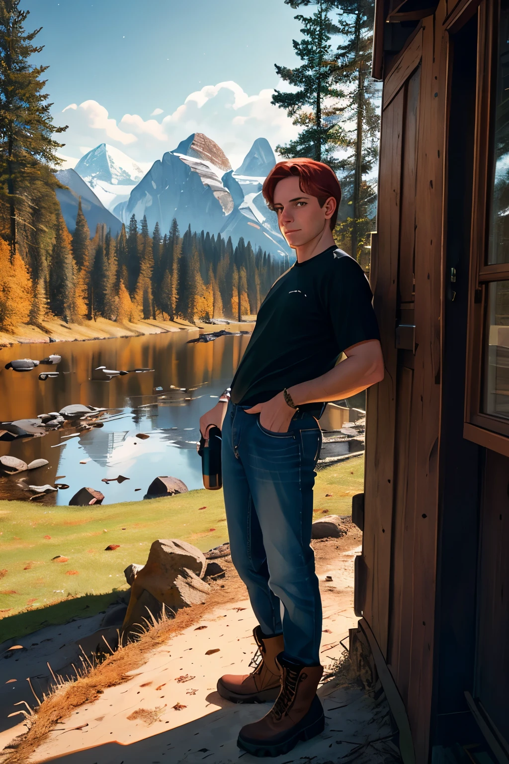 1 middle-aged man, big short red hair, green eyes,strong, alto((torso selfie, happy)), work of art, best quality, ultra-detailed, Alone, outdoors, (night), starry sky,nature moon, cheerful, happy, car, campfire , water bottle, mountain boots, , black silk shirt, tem, lantern, forest, rocks, river, wood, smoke, shadows, contrast, clear sky, analog style (look at viewer:1.2) (skin texture) (film grain:1.3), (warm tone, warm tone) :1.2), plainclose up From bottom to top, cinematic light, side lighting, ultra high resolution, best shadow, Raw, full body wearing, boots and jeans