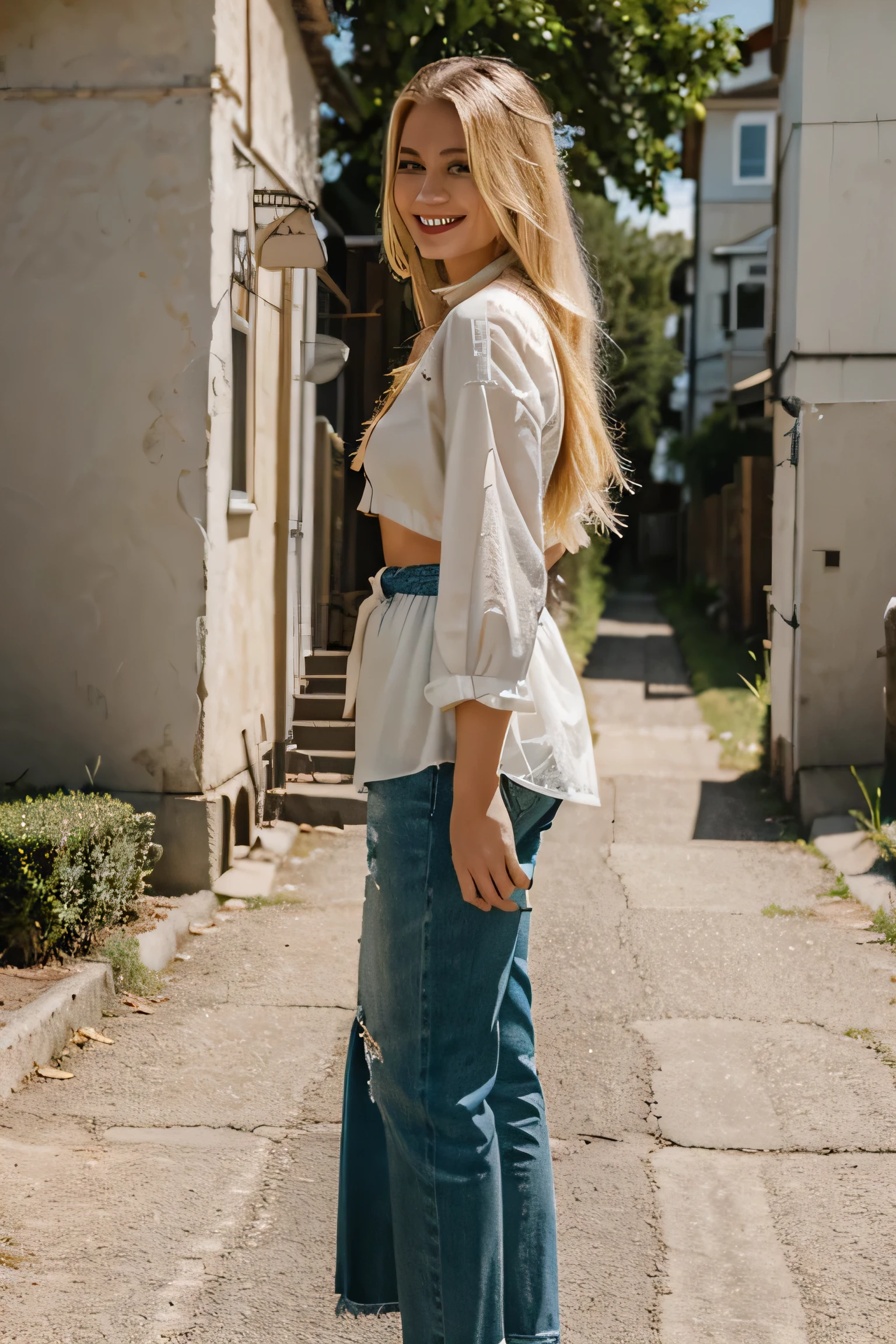 blondehair、Full body like、Teenage female、Beautie、Wide pants、Shirt-in、a belt