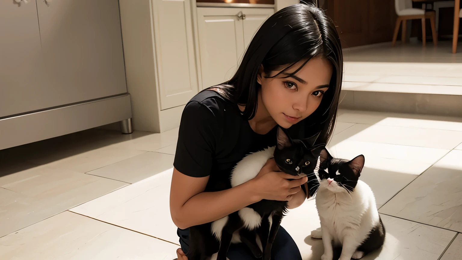 uma negra bonita cabelos crespo, holding a Siamese cat in your arms. O Gato sia,es Perfeito. Depois da chuva, incorporado, corpo molhado, Depois da chuva, camiseta molhada. luz do dia, sitting on the floor of the house.
