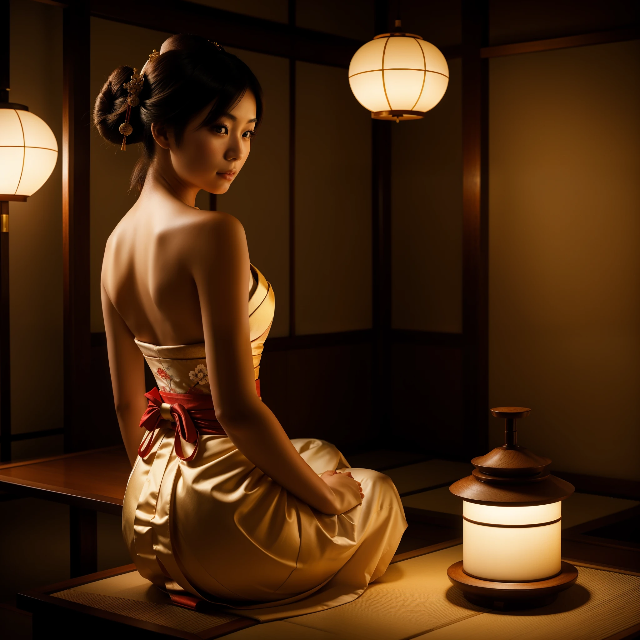 A captivating, realistic image of a young Japanese woman donning a traditional geisha outfit sits alone in a tranquil Japanese-styled room from the 1980s, decorated predominantly with wood. The room is bathed in the soft glow of studio lights, accentuating the woman's exquisite features. Her delicate, attractive face holds an enchanting expression as she leans forward, revealing the intricately detailed back of her dragon tattoo. The sharpness level of this 8k image, shot with a high-end DSLR super35 lens, showcases every curve and contour of her silhouette. The bokeh effect adds an elite depth to the image
