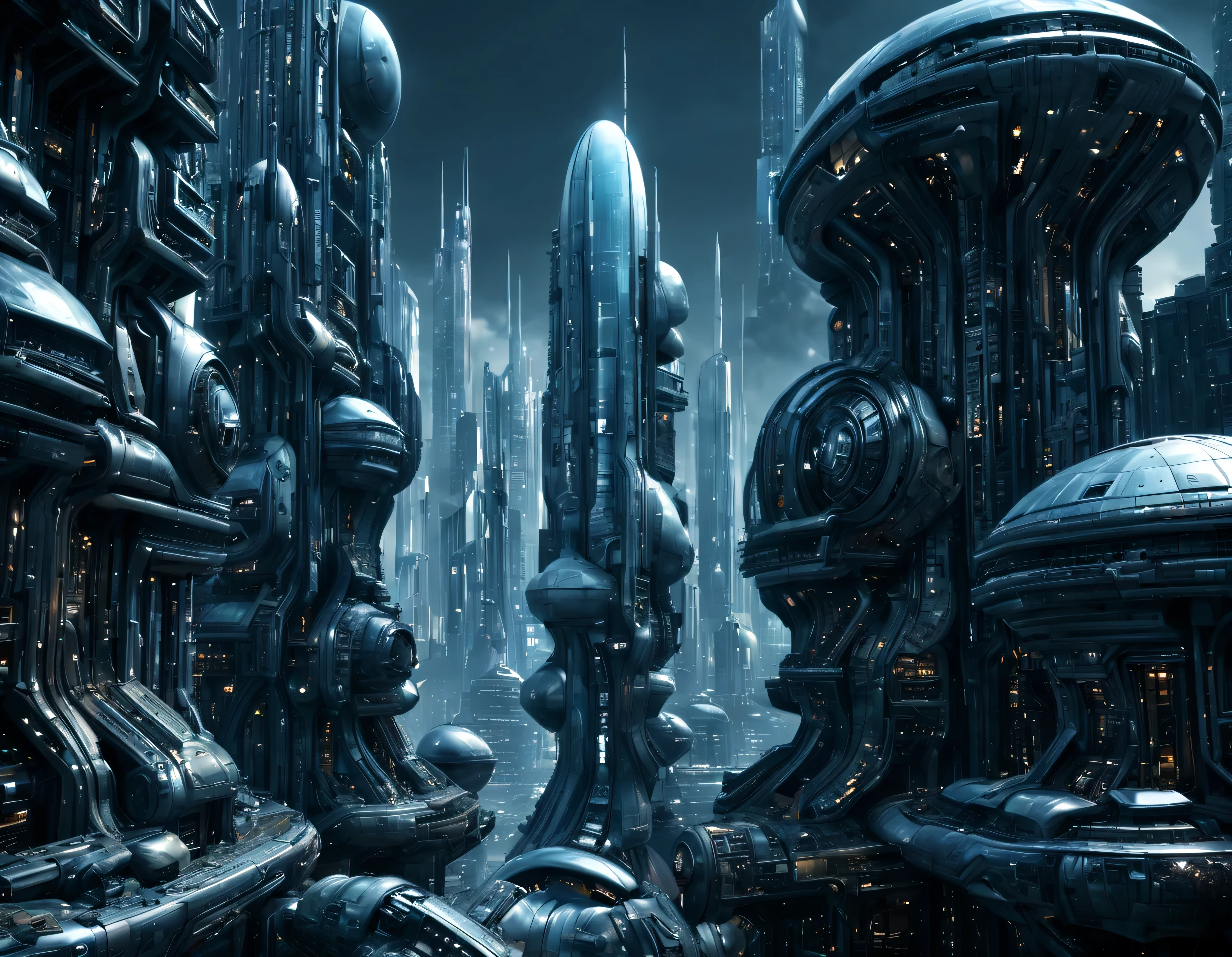 street of an extraterrestrial alien city with futuristic and technological architecture in its metal and glass conglomerado de buildings, some aliens walking around, ventanas iluminadas, all full of imagination, science fiction and (intrincados detalles de la maquina).imagen fotorrealista, Maximum sharpness, calidad 8k.(obra maestra de calidad superior). 3D.