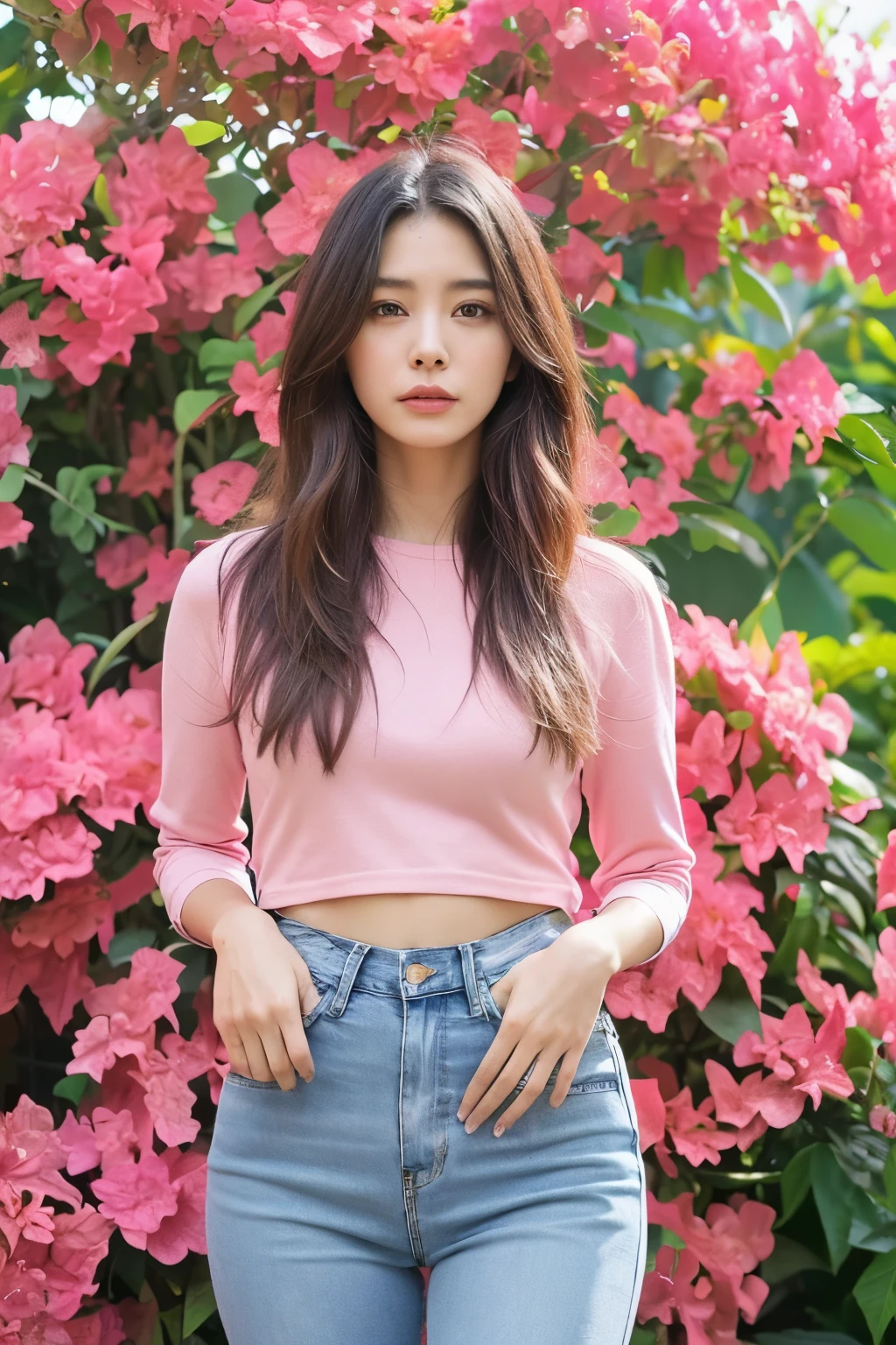 (highly detailed body, highly detailed face, highest quality:1.2) ,woman, look at the audience, (pink good, jeans), (pink bougainvillea chaos in the background:1.4)