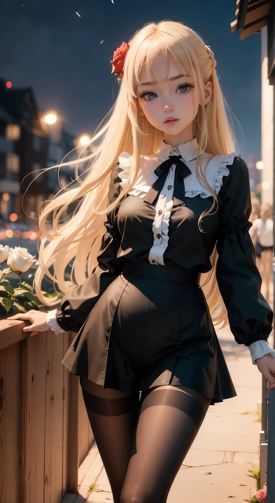 masterpiece, highest quality,  face、confused, looking at the viewer, alone, Rita Rossweisse (summer night&#39;Dream of), Rita Rossweisse, shirt, pantyhose,  blue eyes, blonde hair, long sleeve, mole under eye, (hair above one eye), frilled shirt, white shirt, Breasts are big breasts、 enchanting smile, (Ulzzang-6500:0.8), long hair shines with luster 、 outdoors black pantyhose女性の体は太い太もものサイバネティック体の部分を定義します, shorts